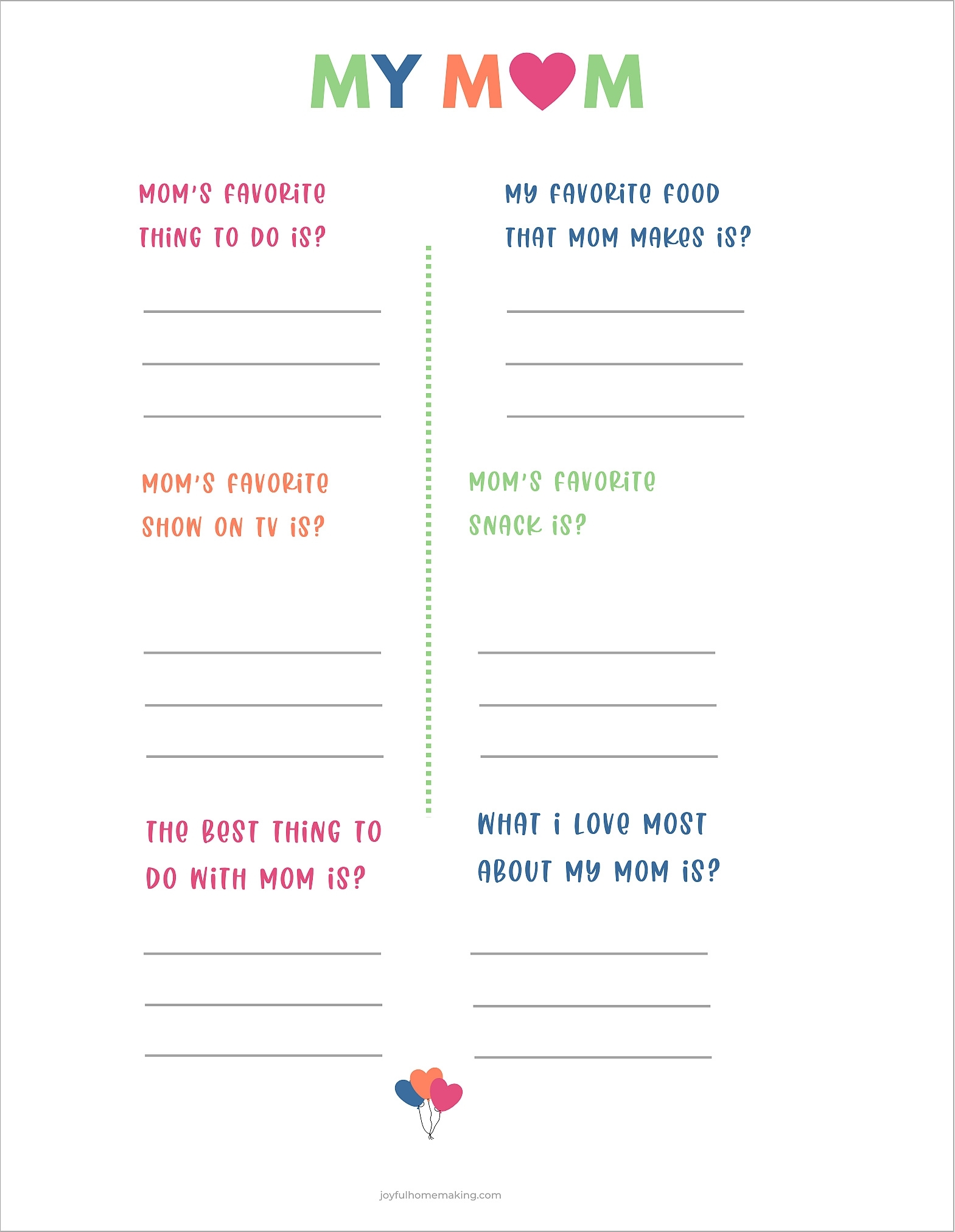Printable Questionaire for Kids About Mom