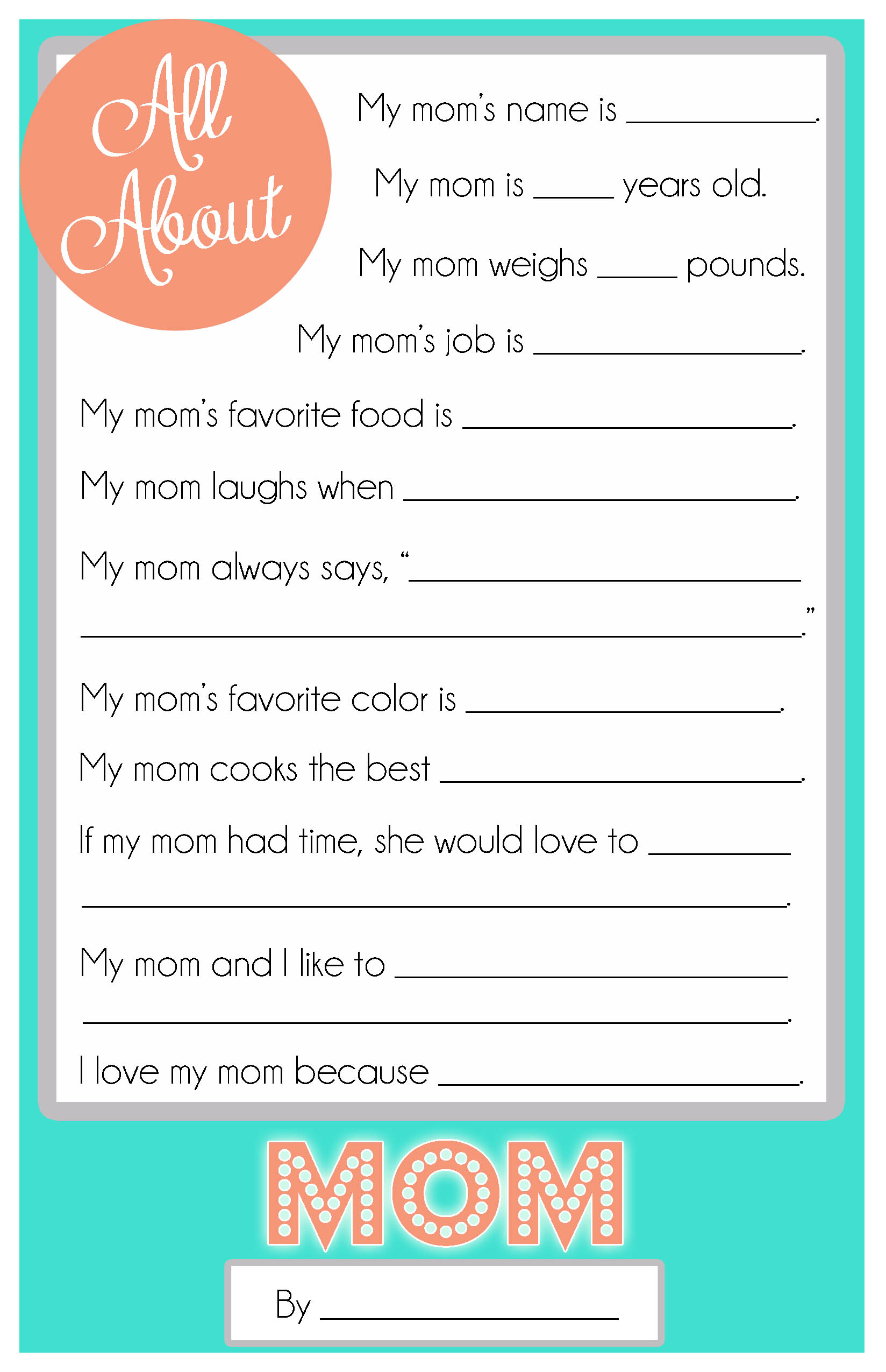 Free Printable of Questionnaire of My Mom Rocks