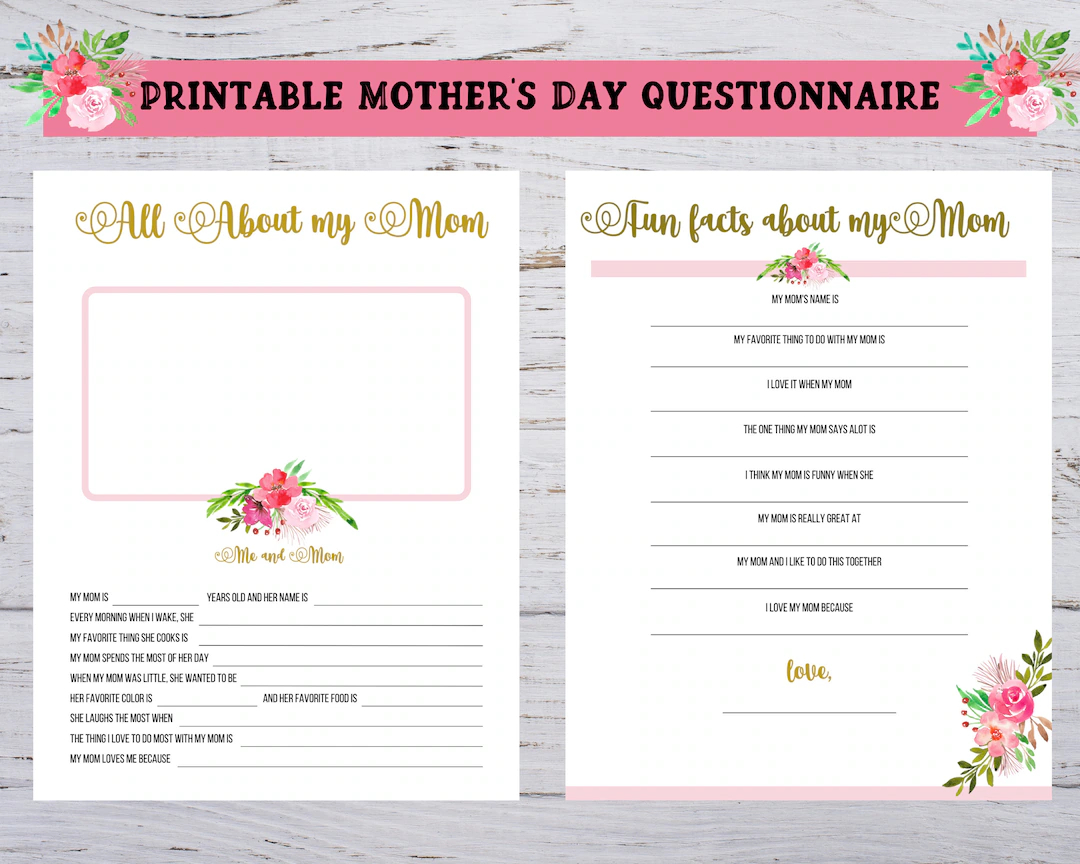mother s day questionnaire all about mom questions printable mother s day gift mother s day activity gift for mom gift from child etsy