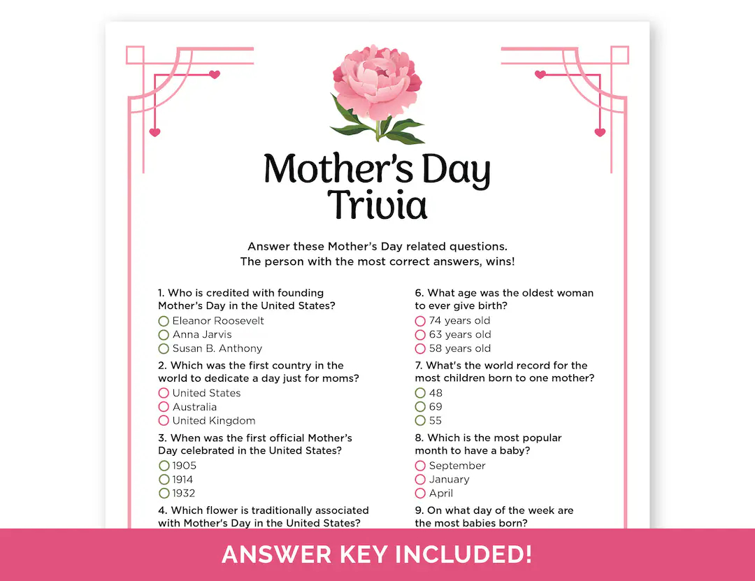 Mother s Day Trivia Game Printable Mother s Day Quiz For Adults Teens Mother s Day Trivia Questions With Answers Mothers Day Party Game Etsy