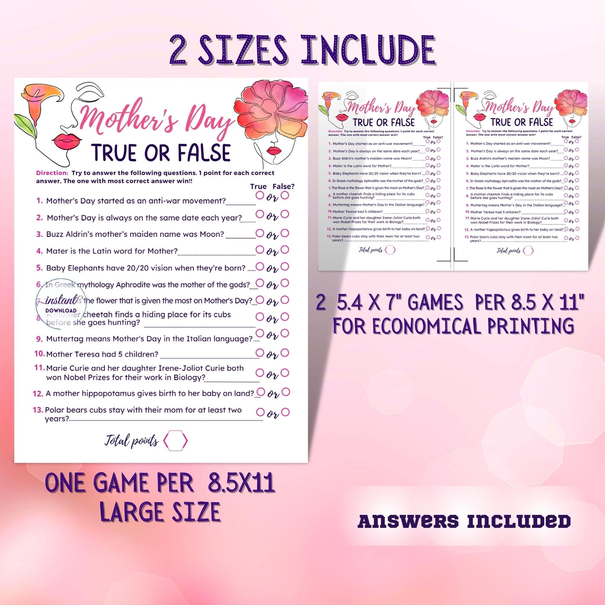 Mother s Day Trivia Quiz True Or False Game Mother Day Trivia Game Printable Mothers Day Party Game Mothers Day Game Brunch Games Etsy