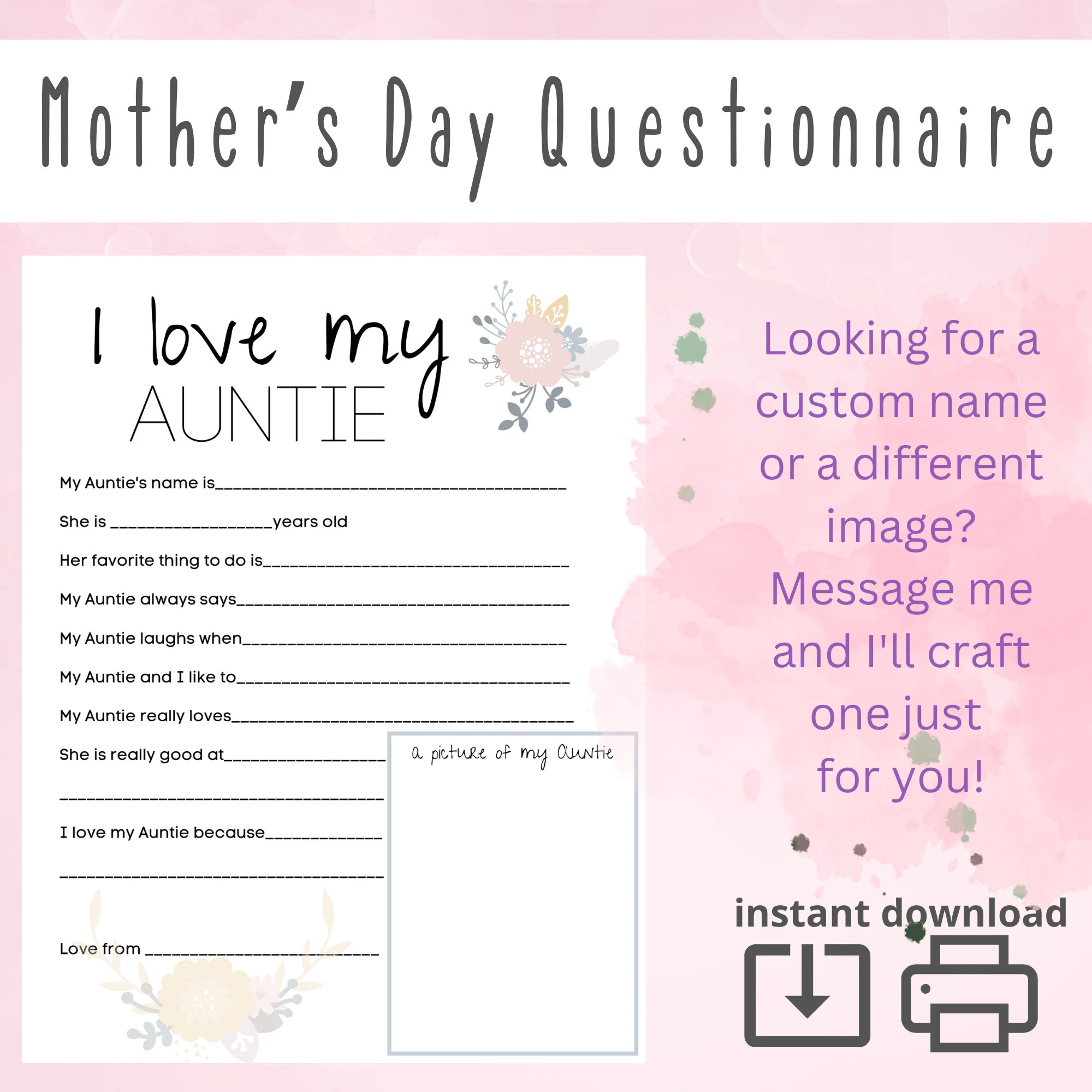 Mothers Day Questionnaire Aunt Etsy