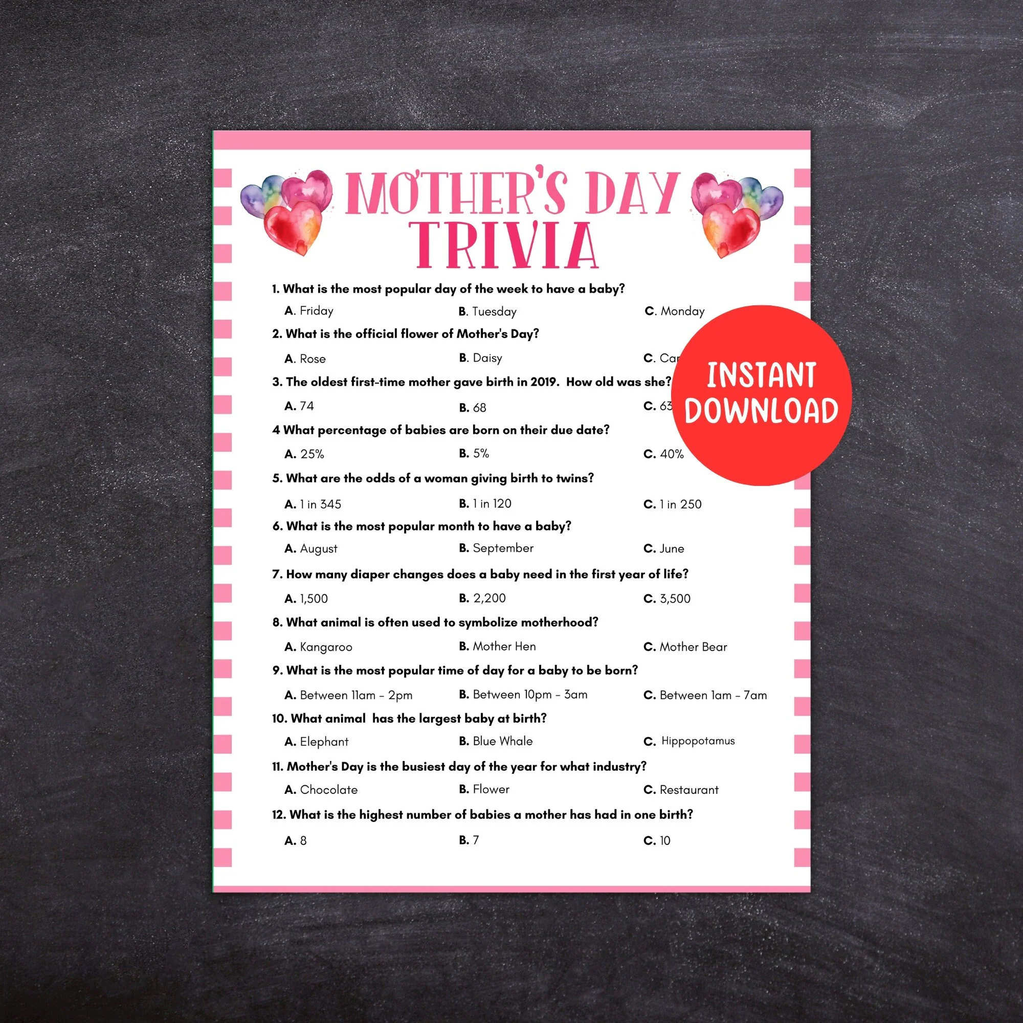 Mothers Day Trivia Game Printable Mothers Day Game Trivia Game Mothers Day Fun For Kids And Adults And Classrooms Etsy