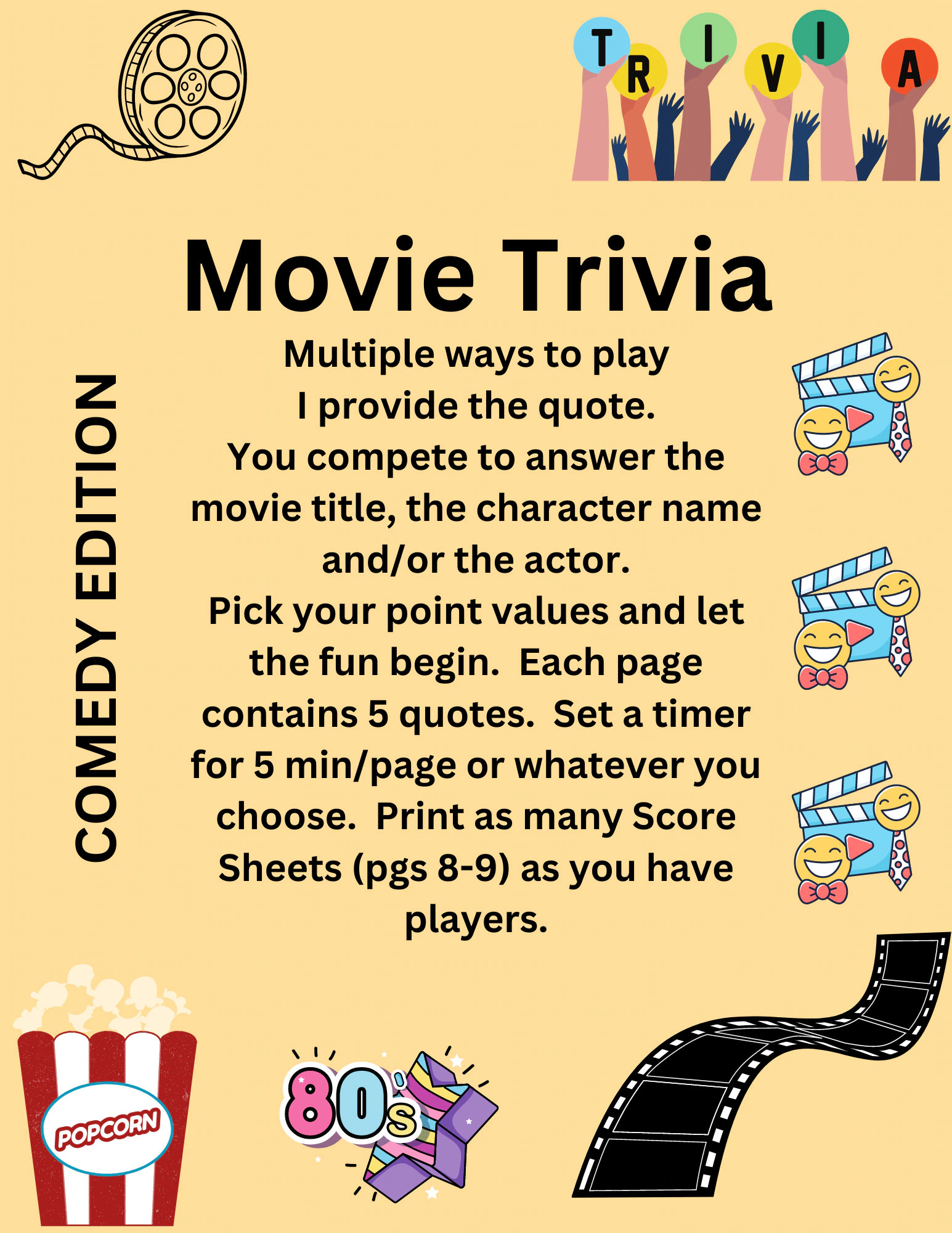 Movie Trivia Print And Play 80 s Comedies Etsy