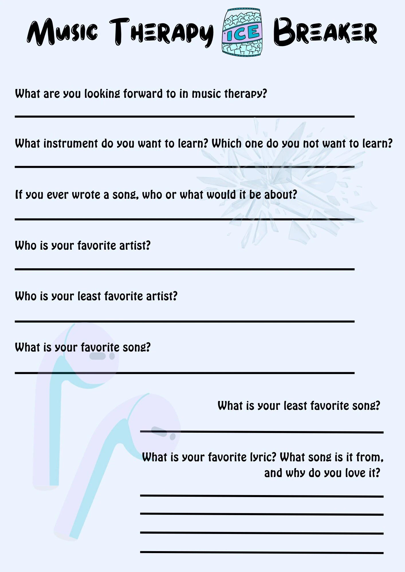 Music Therapy Ice Breaker Worksheet Intervention Etsy