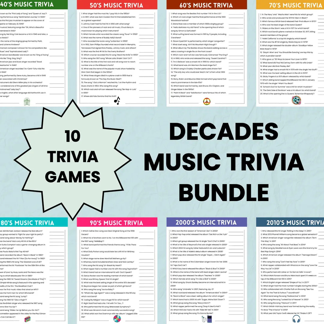 Music Trivia Game Decades Trivia Game Decades Party Game 90s Trivia 80s Trivia Trivia Questions Pub Trivia Adult Trivia Etsy