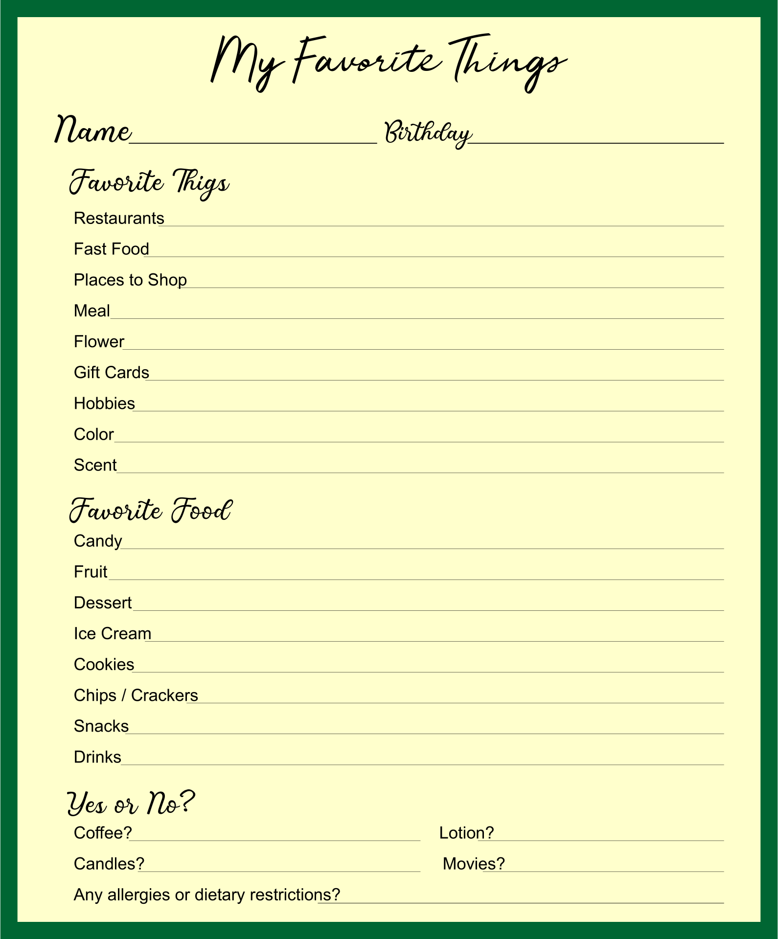 My Favorite Things Printable Printable Party Favors
