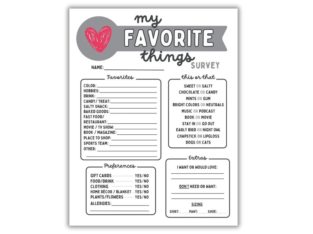 My Favorite Things Survey Questionnaire Employee Favorites All About Me Favorites Survey Fillable PDF File Etsy