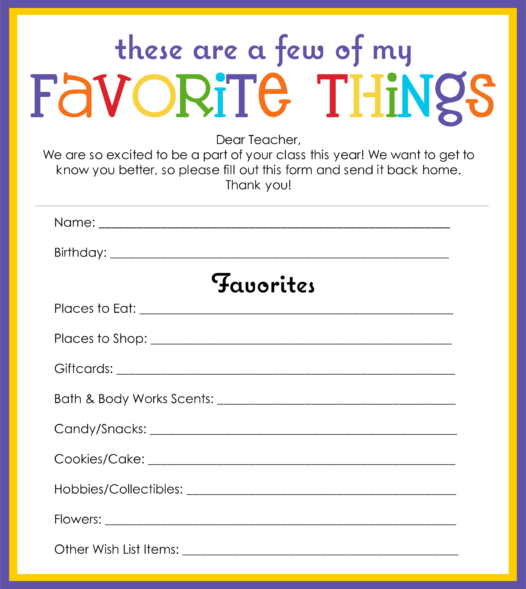 Employee Favorite Things Questionnaire Printable