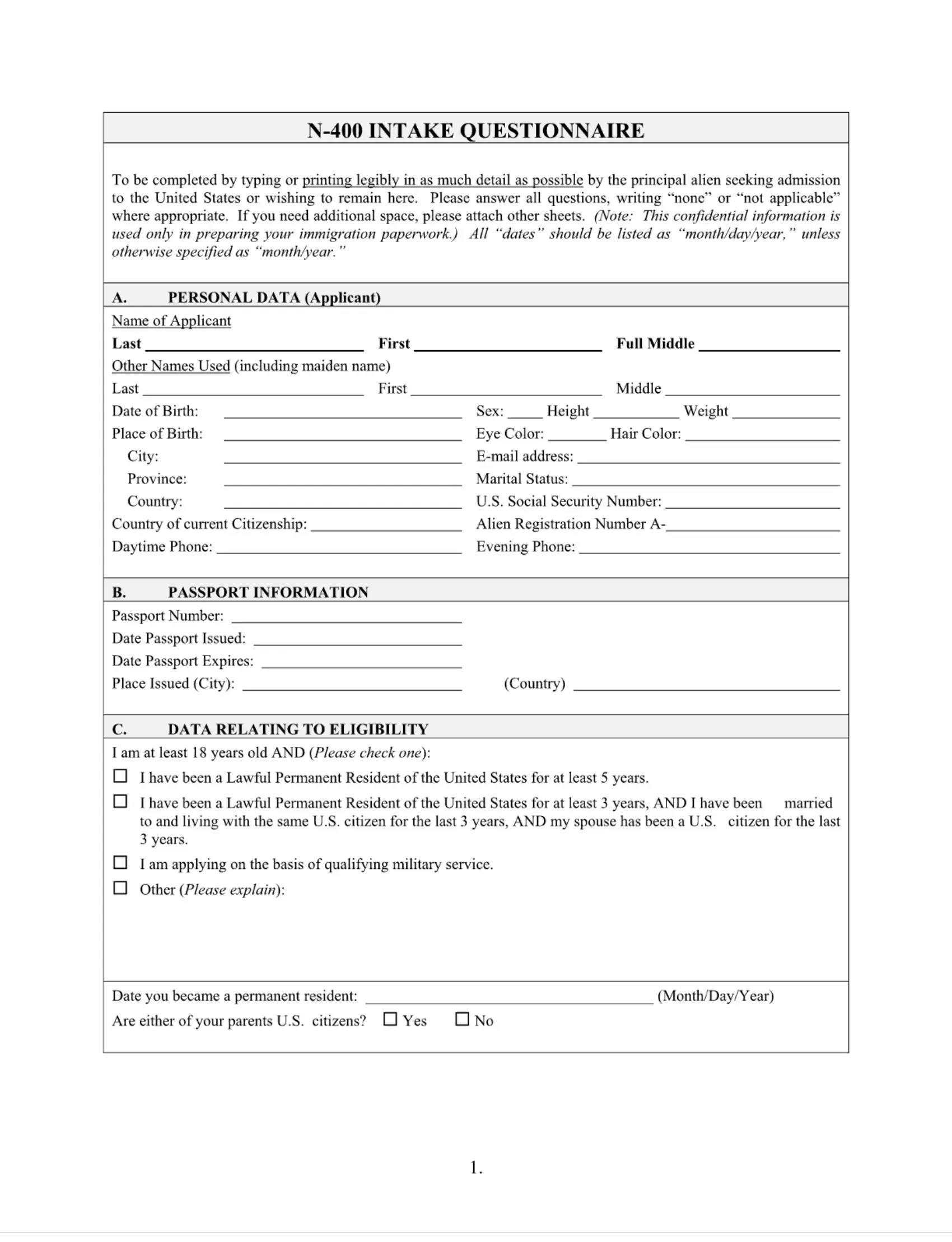 N 400 Intake Questionnaire PDF Form FormsPal