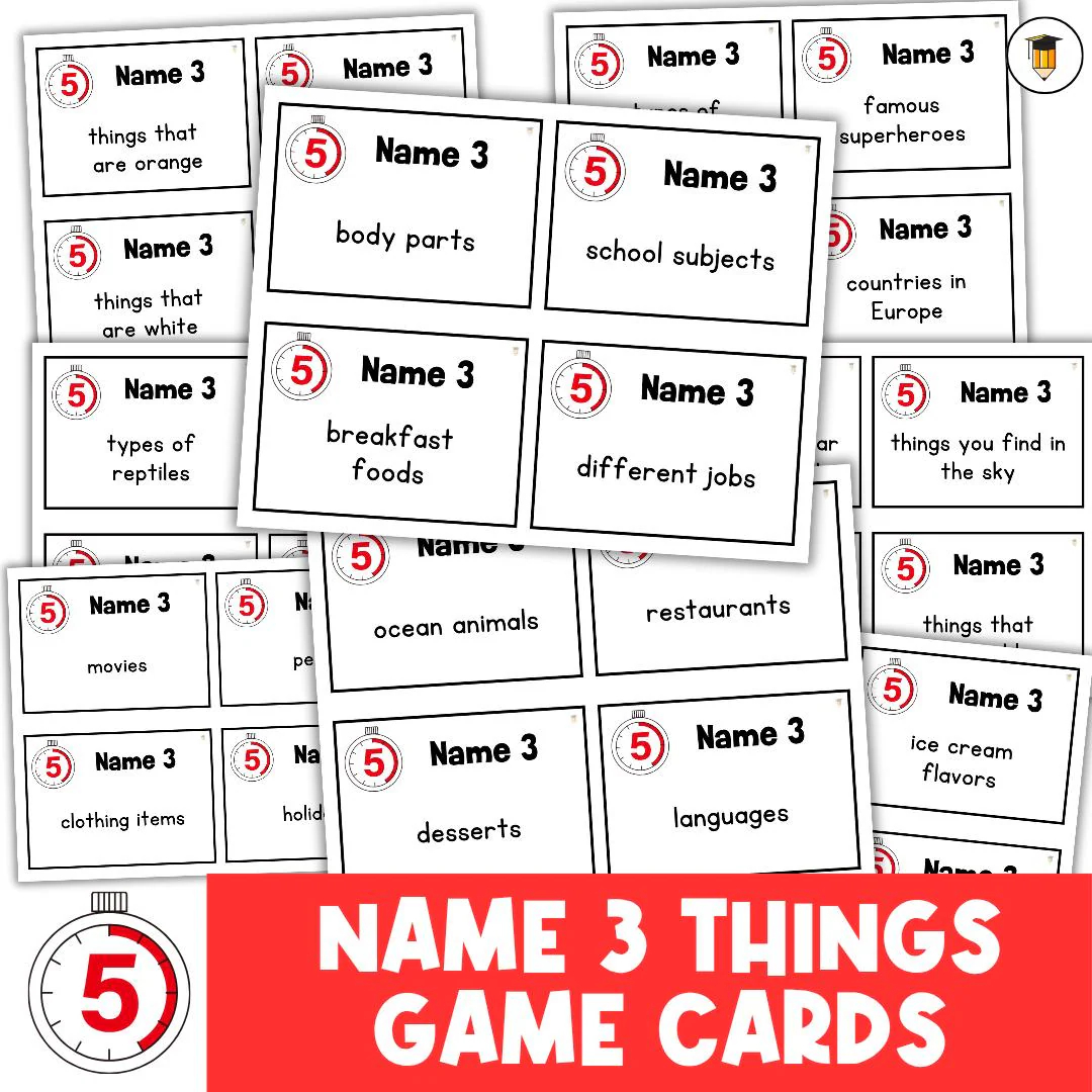 NAME 3 THINGS Card Game Games For Kids Travel Games Family Games Camp Games Class Game Group Games Flashcards 