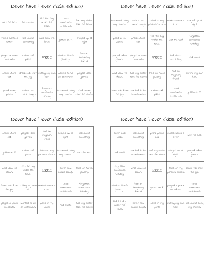 Never Have I Ever kids Edition Bingo Cards WordMint