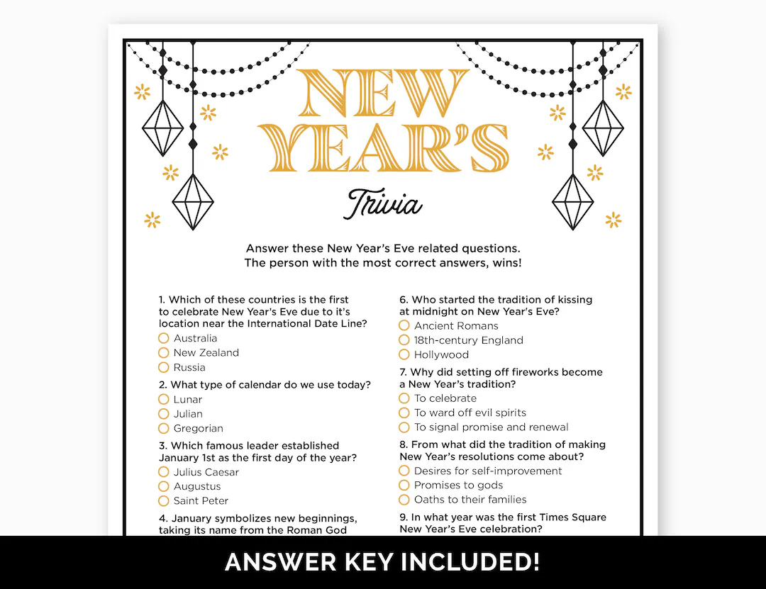 New Year s Trivia Game Printable Quiz With Answers For A New Year s Eve Party New Year s Educational Activity For Adults Kids NYE Game Etsy