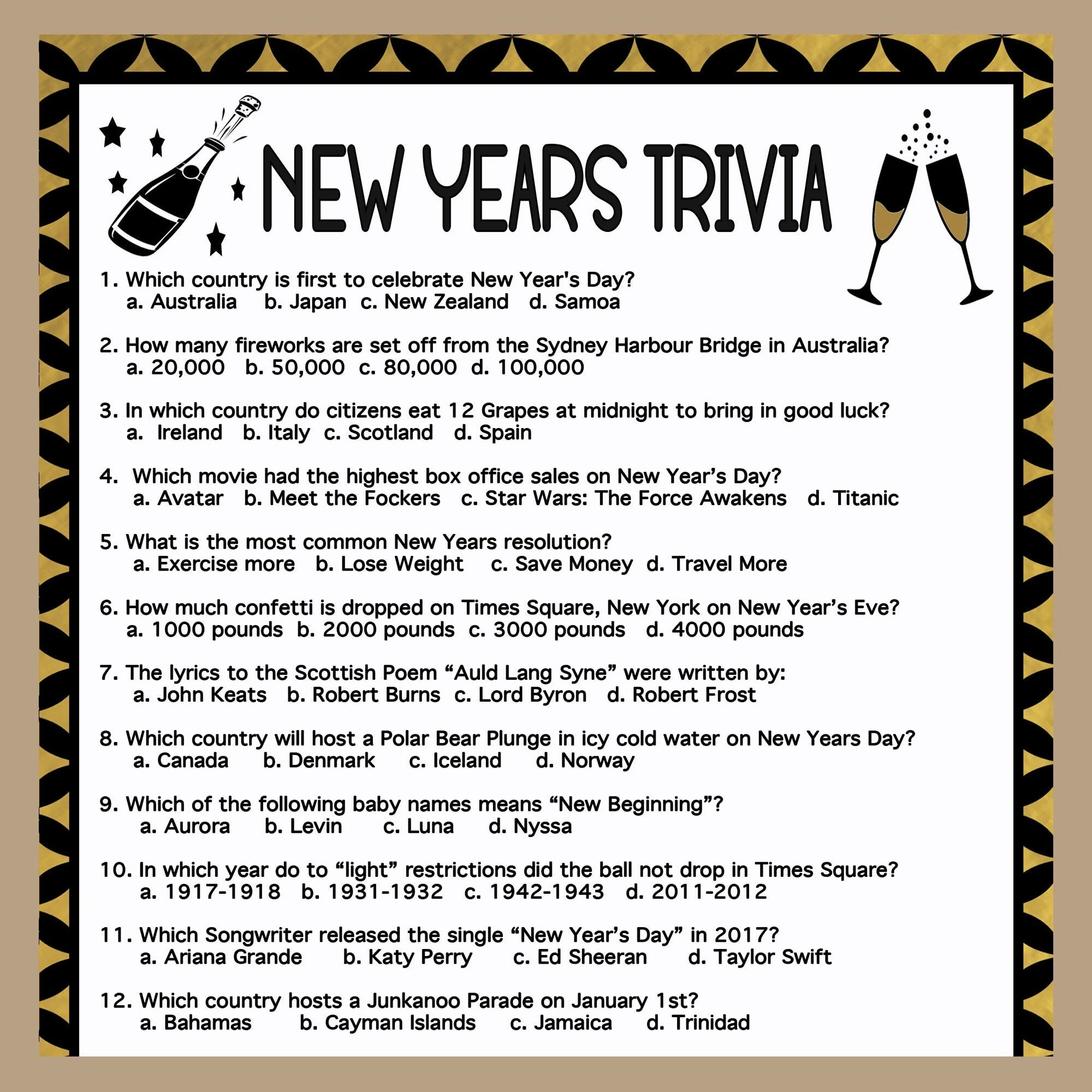New Years Trivia Game New Years Eve Trivia Game 2024 Printable New Years Day Game 2024 Fun Family Game For New Years Adult Party Game Etsy