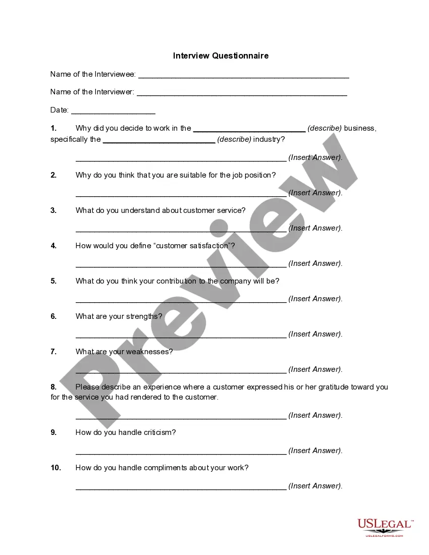 New York Interview Questionnaire Printable Interview Questions Template US Legal Forms