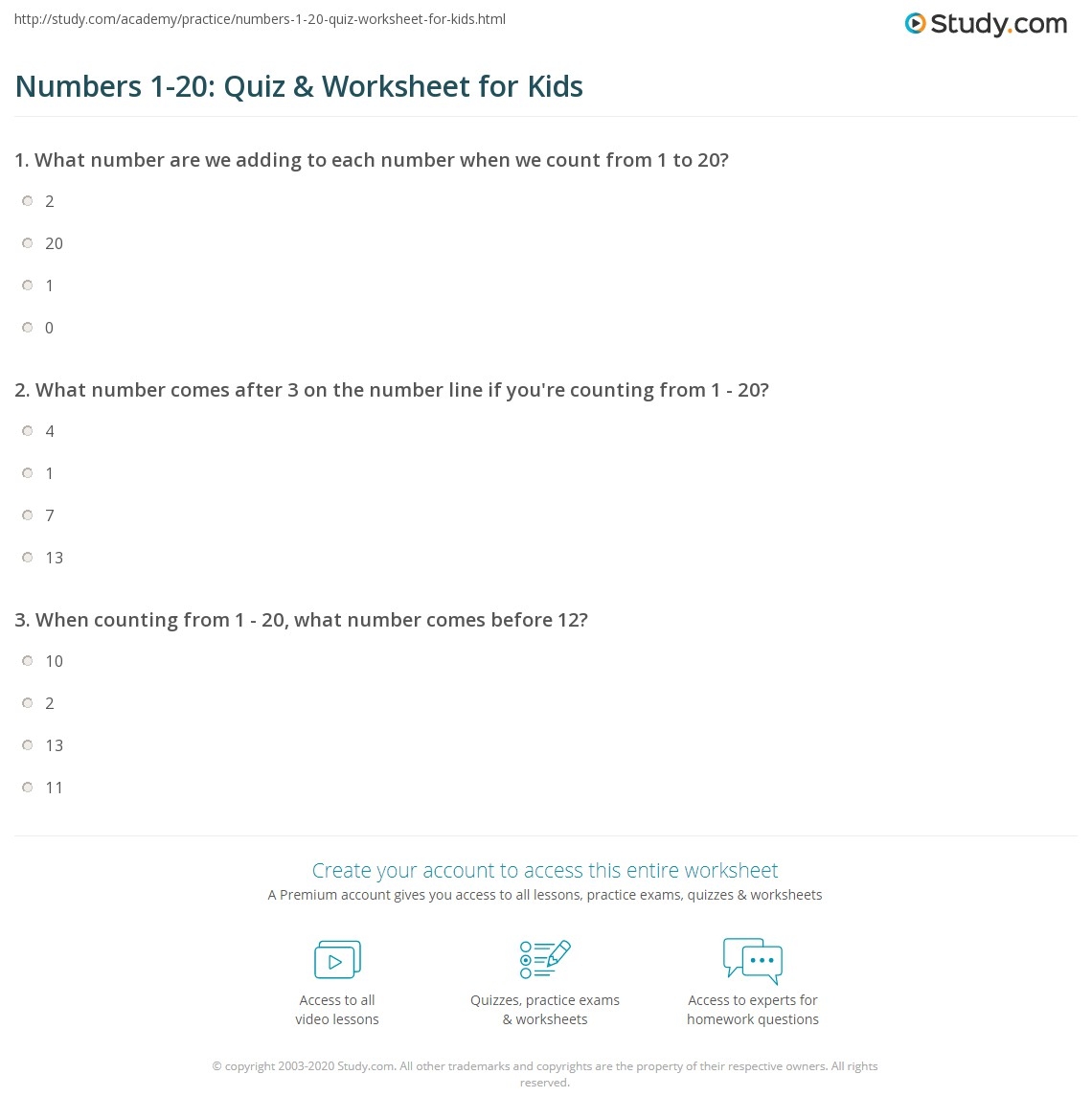 Numbers 1 20 Quiz Worksheet For Kids Study