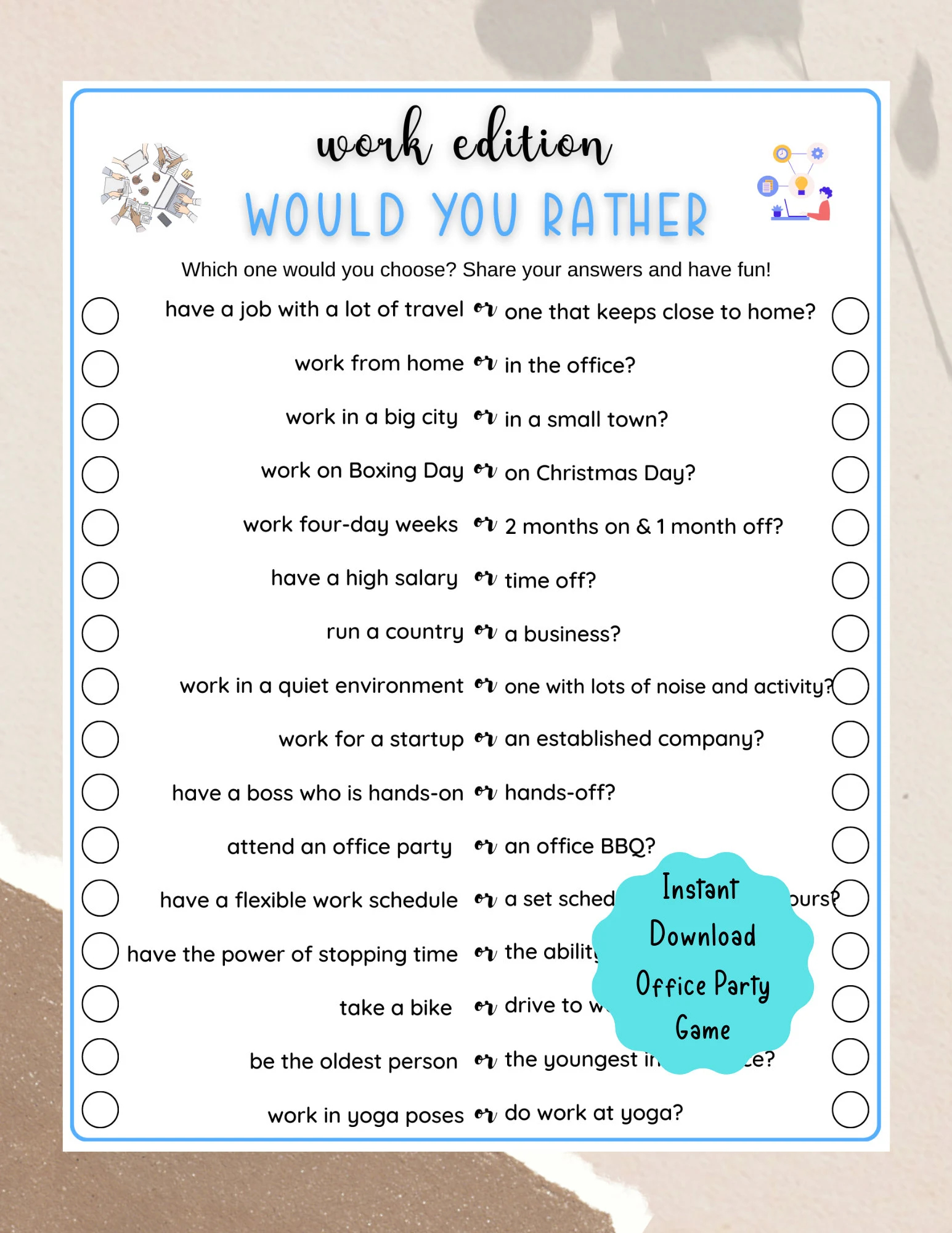 Office Party Printable Would You Rather Game Coworker Staff Game Fun Work Party Game Retirement Party Icebreaker Teambuilding Game Etsy