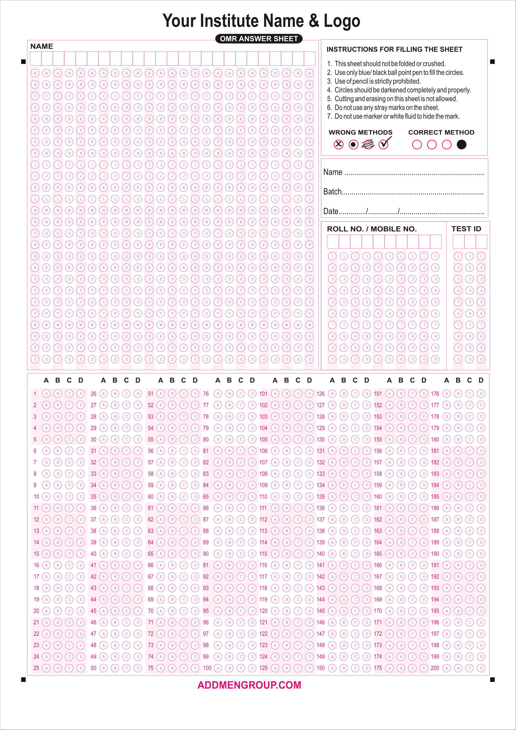 Printable Answer Sheet for 7 Questions