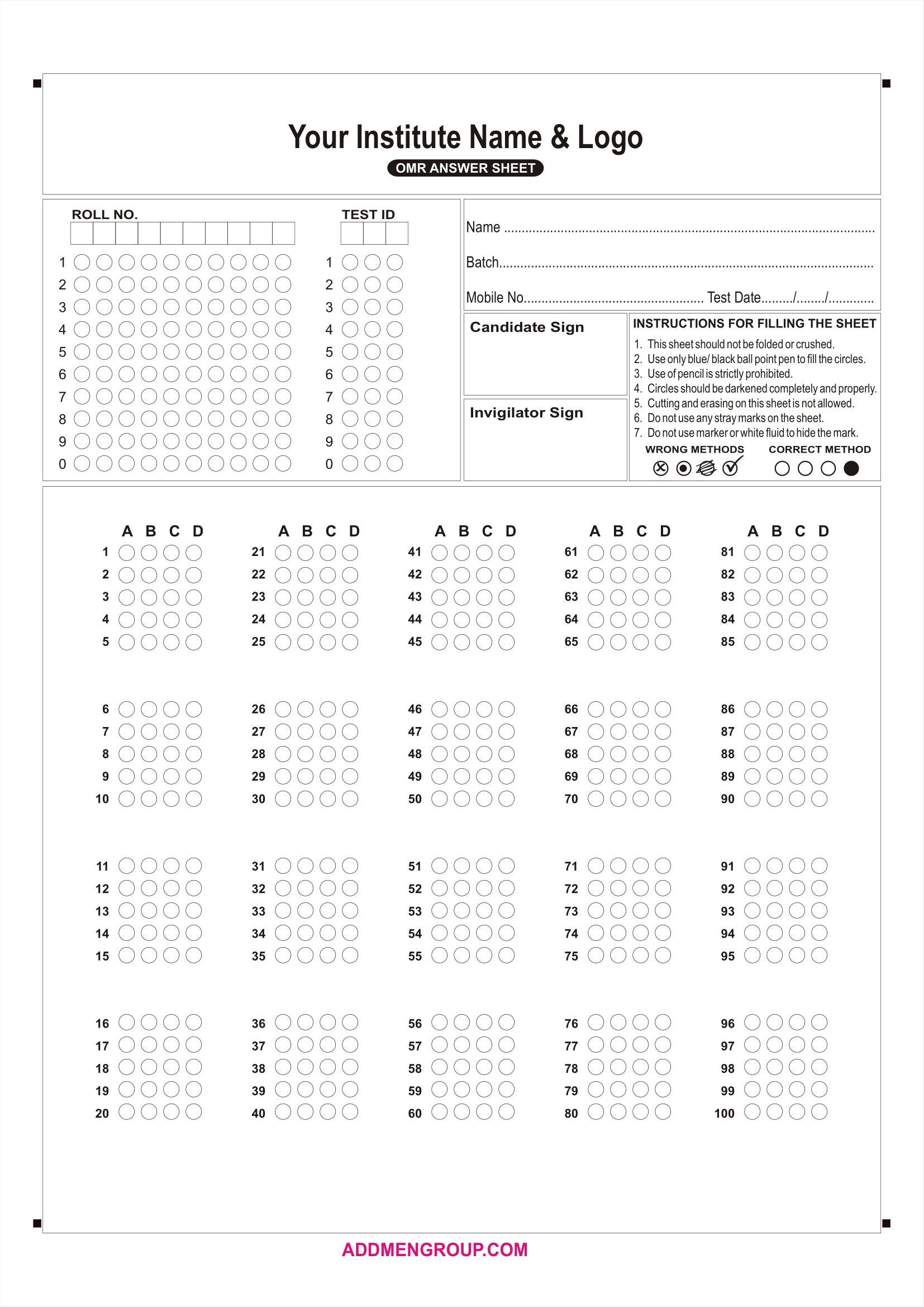 OMR Test Sheet MCQ OMR Sheet OMR Sheet Download