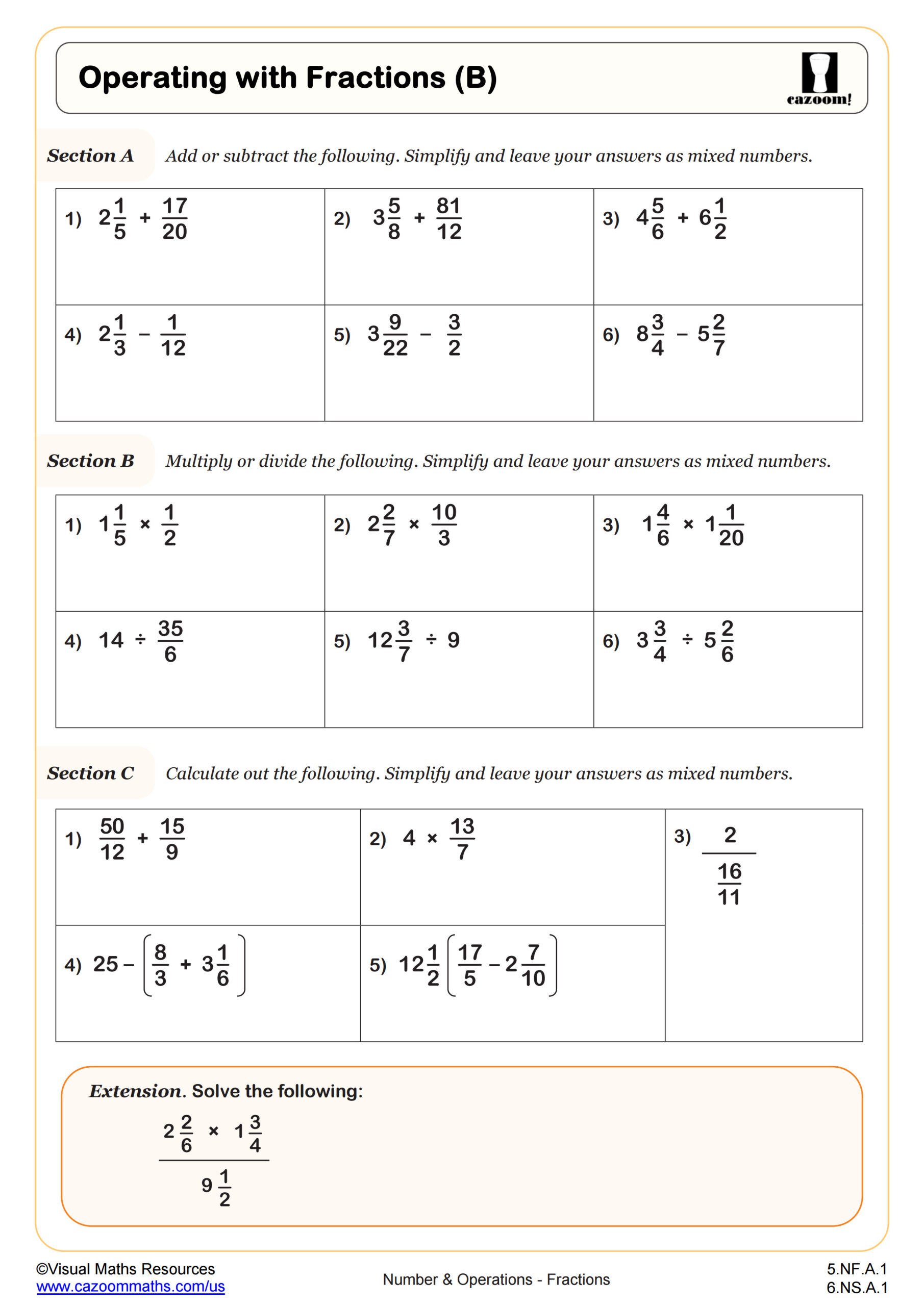 Operations With Fractions B Worksheet PDF Printable Number Operations Worksheet Cazoom Math