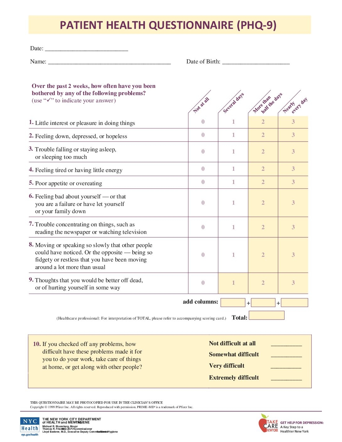 Patient Health Questionnaire PHQ 9 Elmwood Pediatrics
