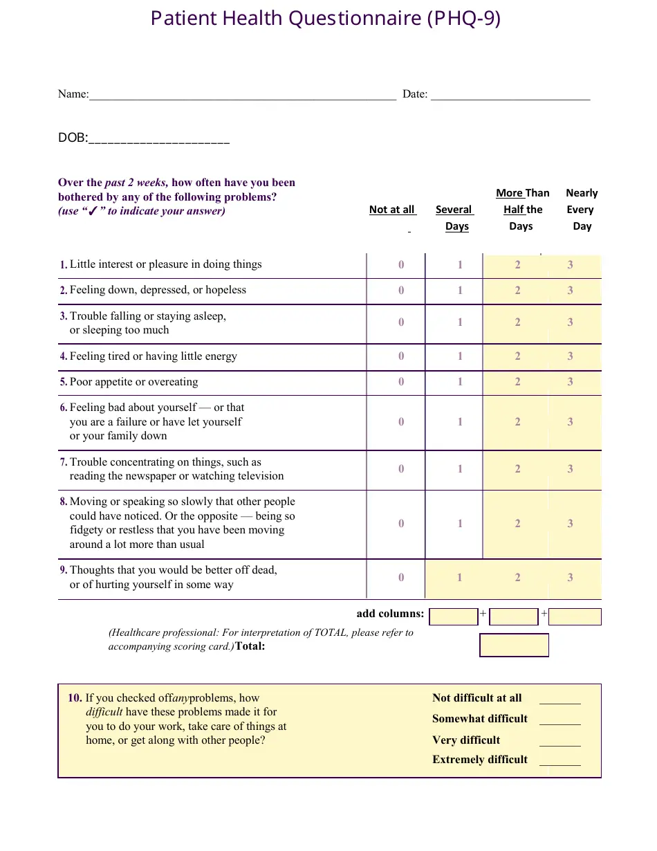 Patient Health Questionnaire Phq 9 Form Fill Out Sign Online And Download PDF Templateroller