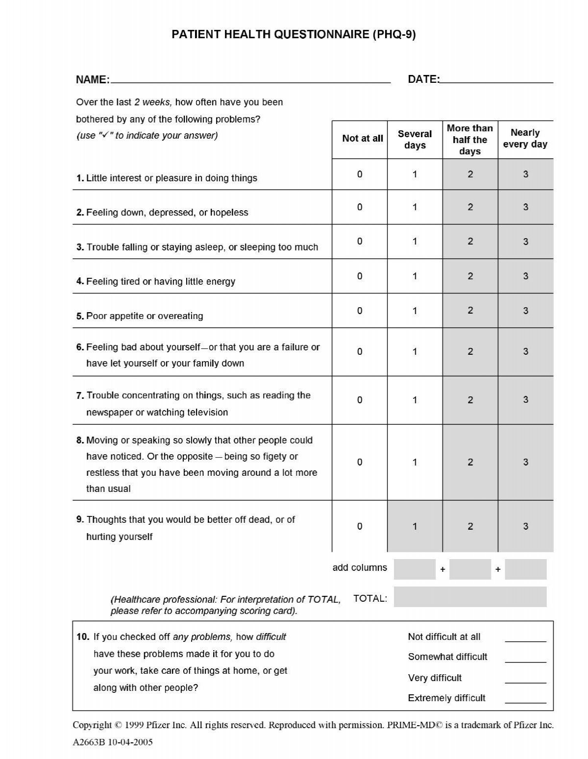 Patient Health Questionnaire PHQ 9 