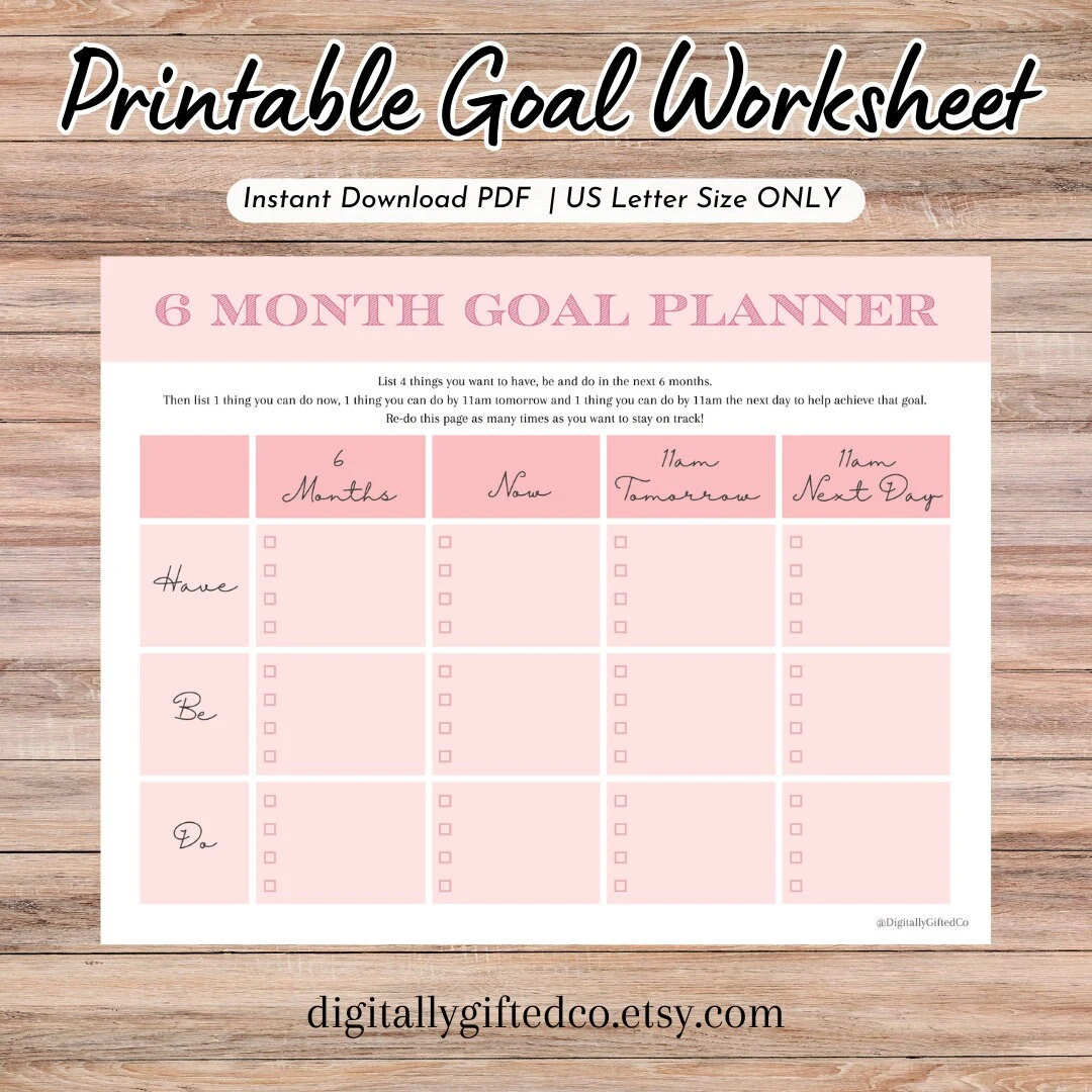 PINK 6 Month Goals Printable Worksheet Goal Setting Tracker Planner Page Self Improvement Manifestation PDF PINK Only Single Page Etsy