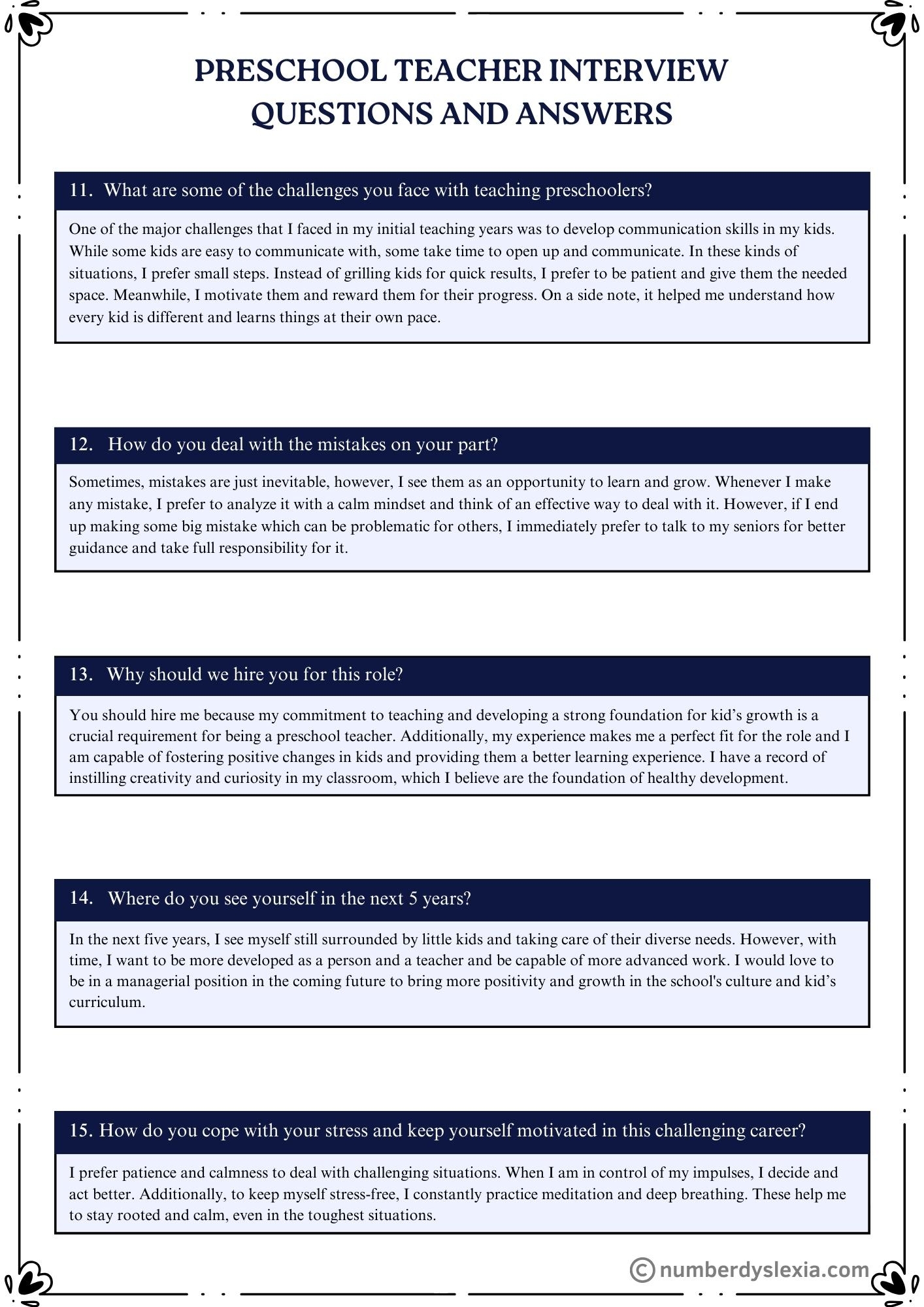 Preschool Teacher Interview Questions And Answers PDF Included Number Dyslexia