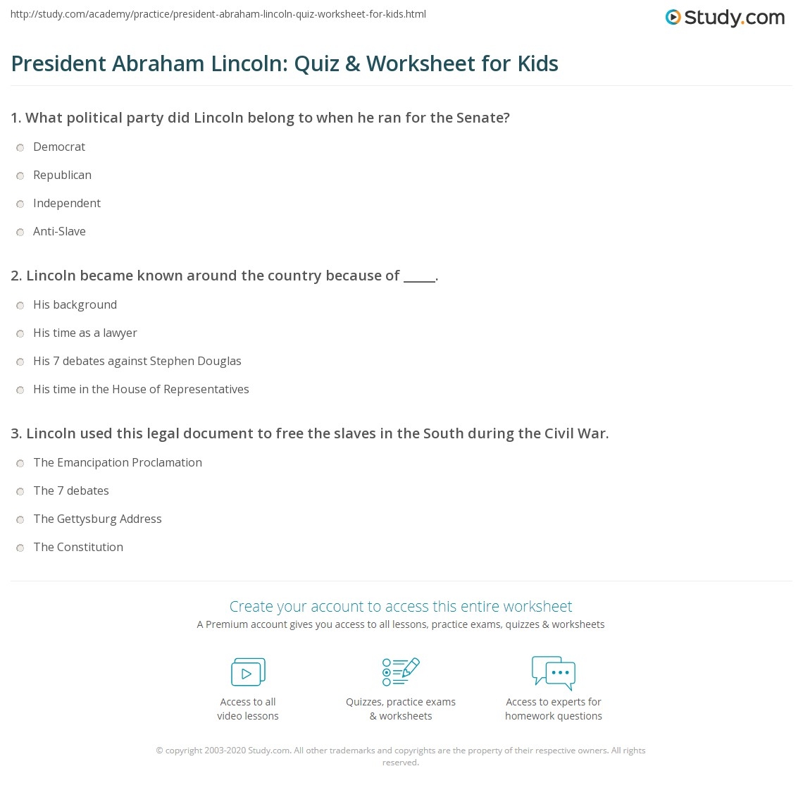 President Abraham Lincoln Quiz Worksheet For Kids Study