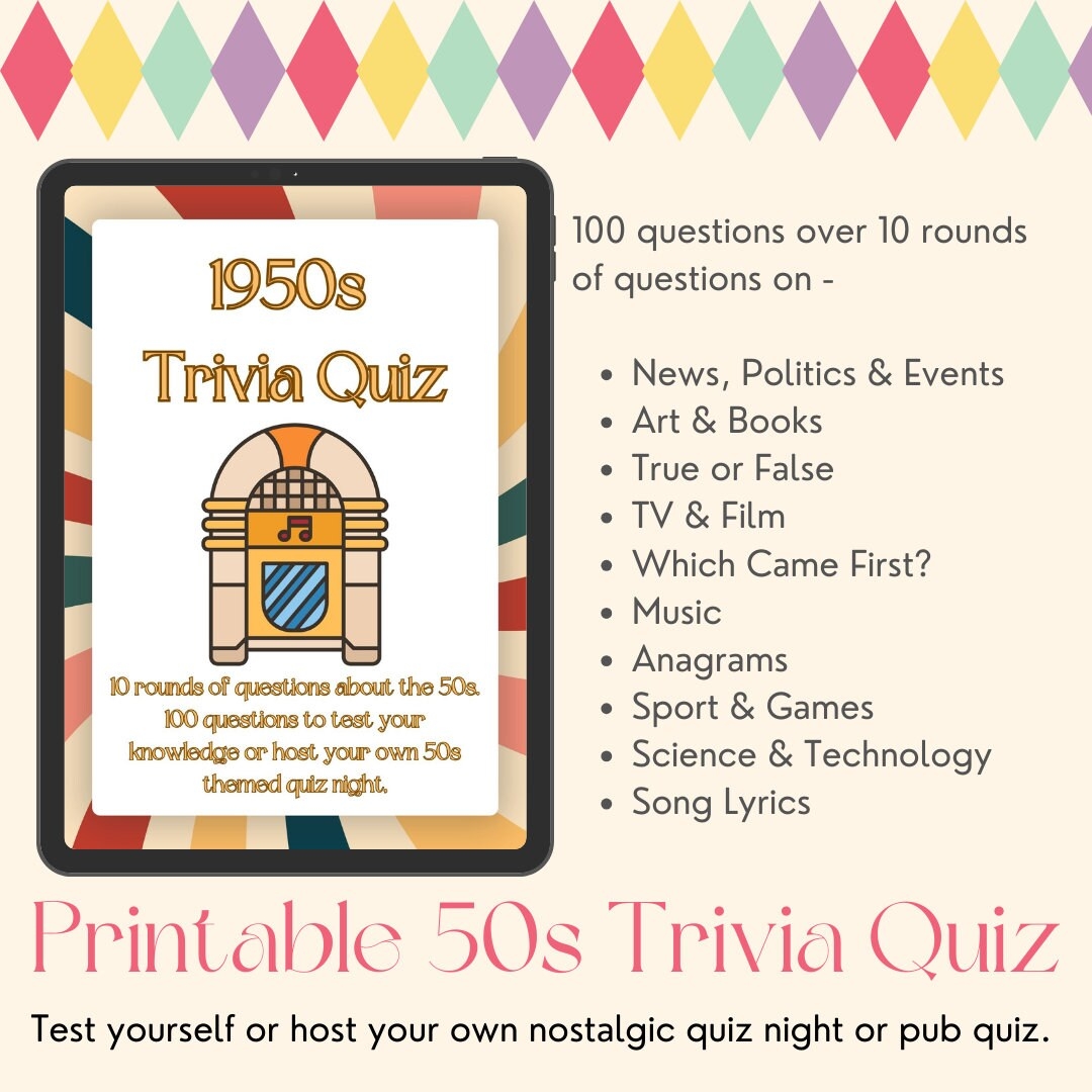 Printable 1950s Trivia Quiz 100 Questions To Host Your Own Nostalgic Quiz Night Etsy UK