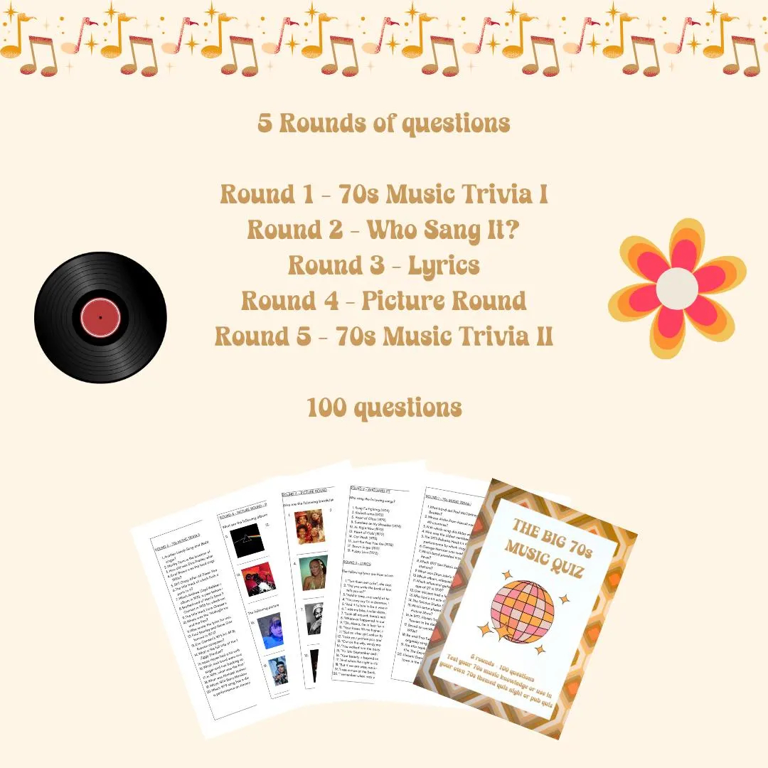 Printable 1970s Music Trivia Quiz 100 Questions About 70s Music To Host Your Own Quiz Night Or Pub Quiz Etsy