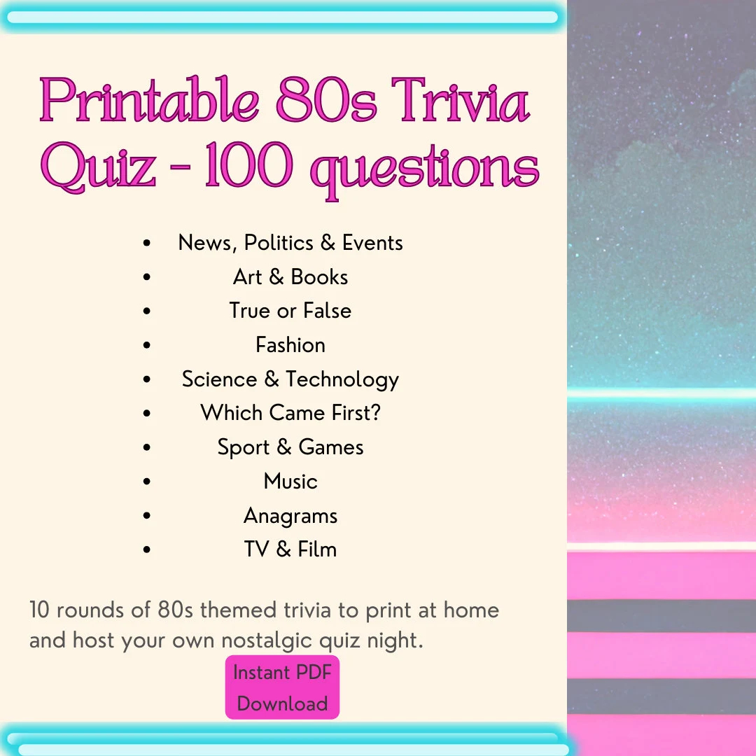 Printable 80s Trivia Quiz 100 Questions PDF Digital Download 1980s Pub Quiz Etsy