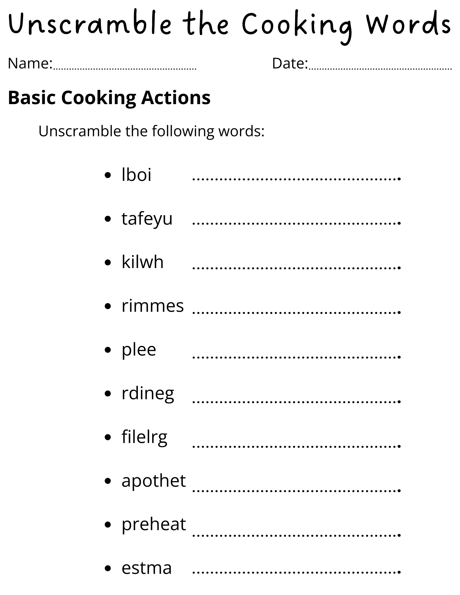 Printable Basic Cooking Terms Unscramble Worksheet Answer Key Made By Teachers