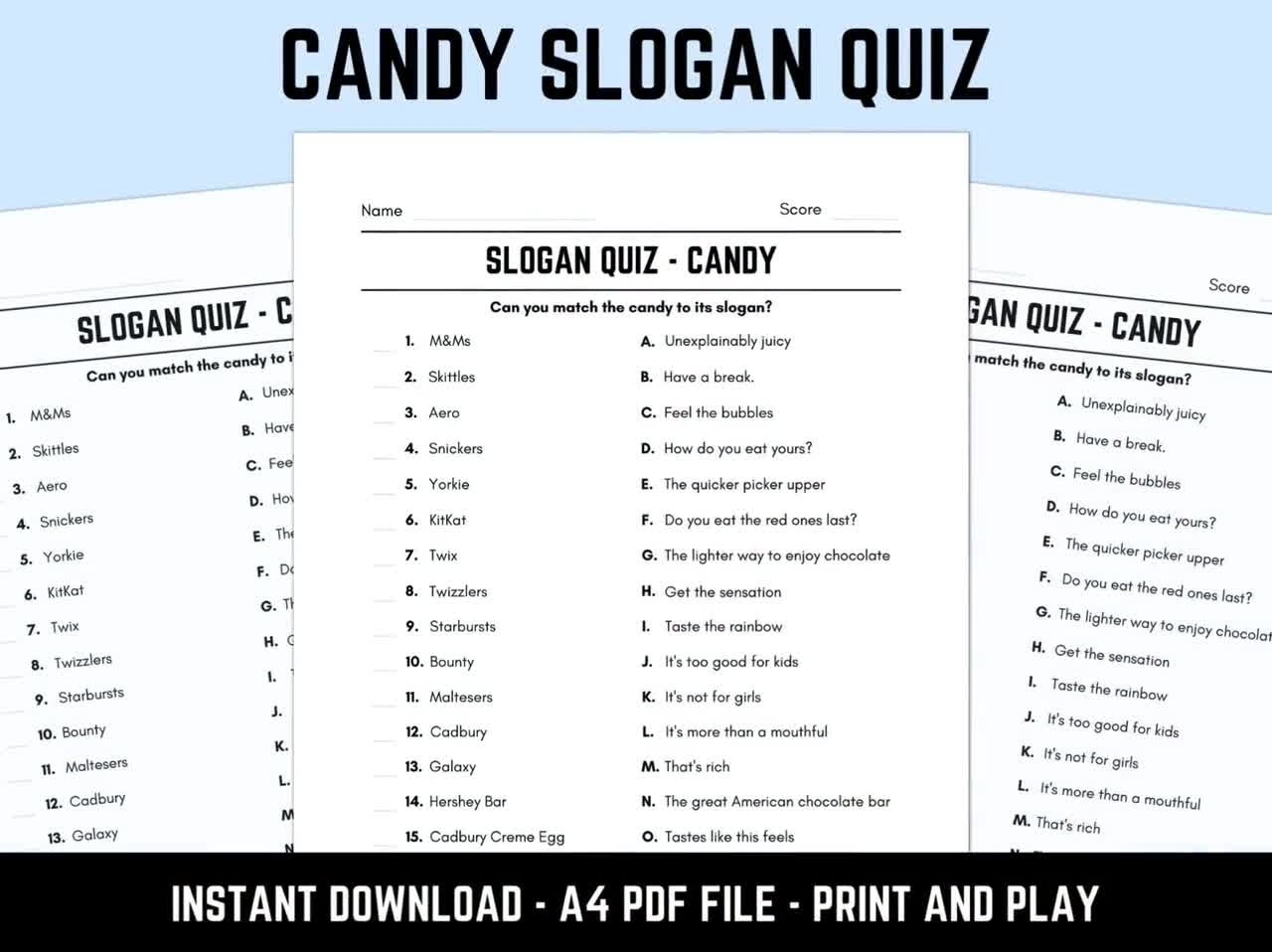 Printable Candy Slogan Match Up Quiz Downloadable Pub Quiz Trivia Sheets With Answers Etsy