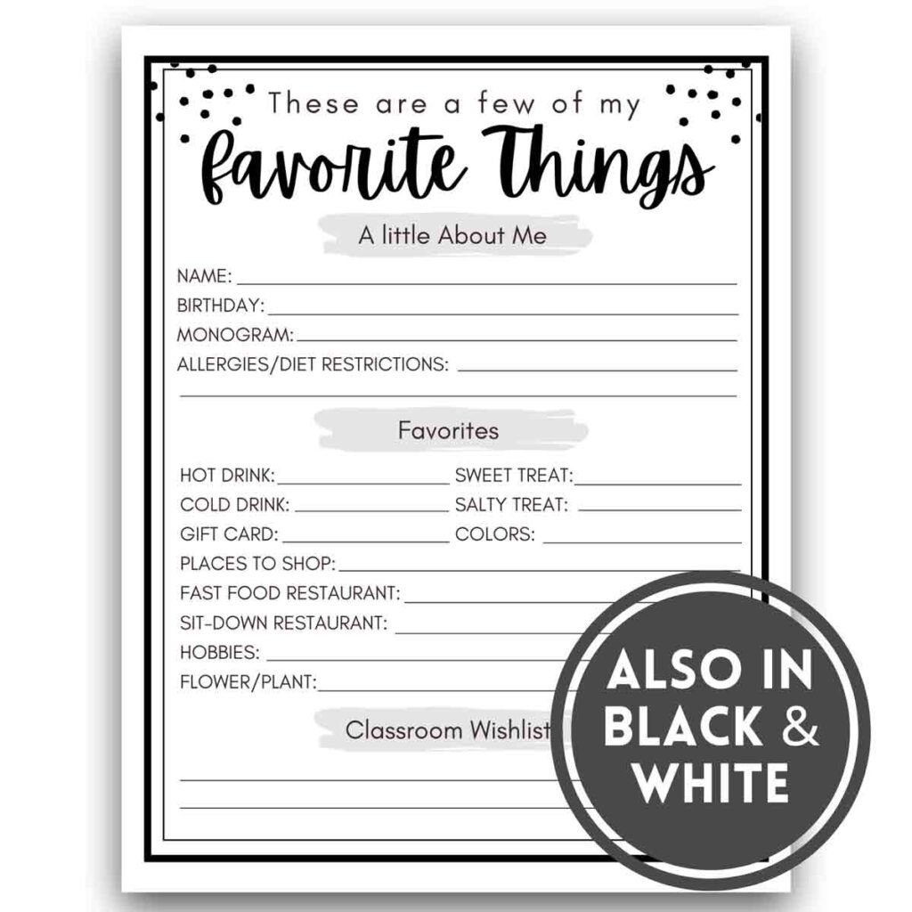 Printable Free Favorite Things For Teachers Teacher Favorite Things Questionnaire Form By Dandelion Wishes TPT Free Editable