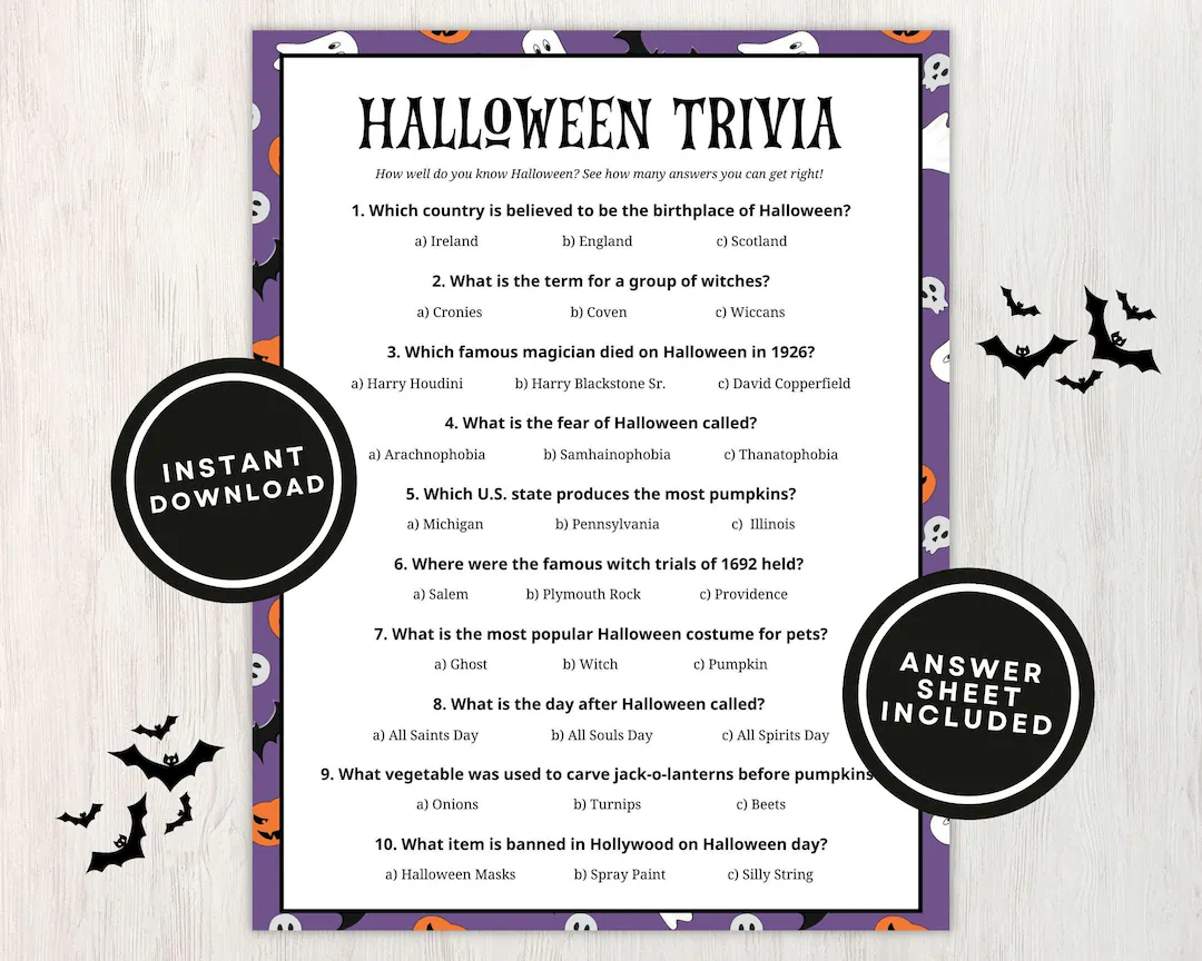 Printable Halloween Trivia Game For Kids And Adults 10 Halloween Trivia Questions With Multiple Choice Answers Instant Download Etsy