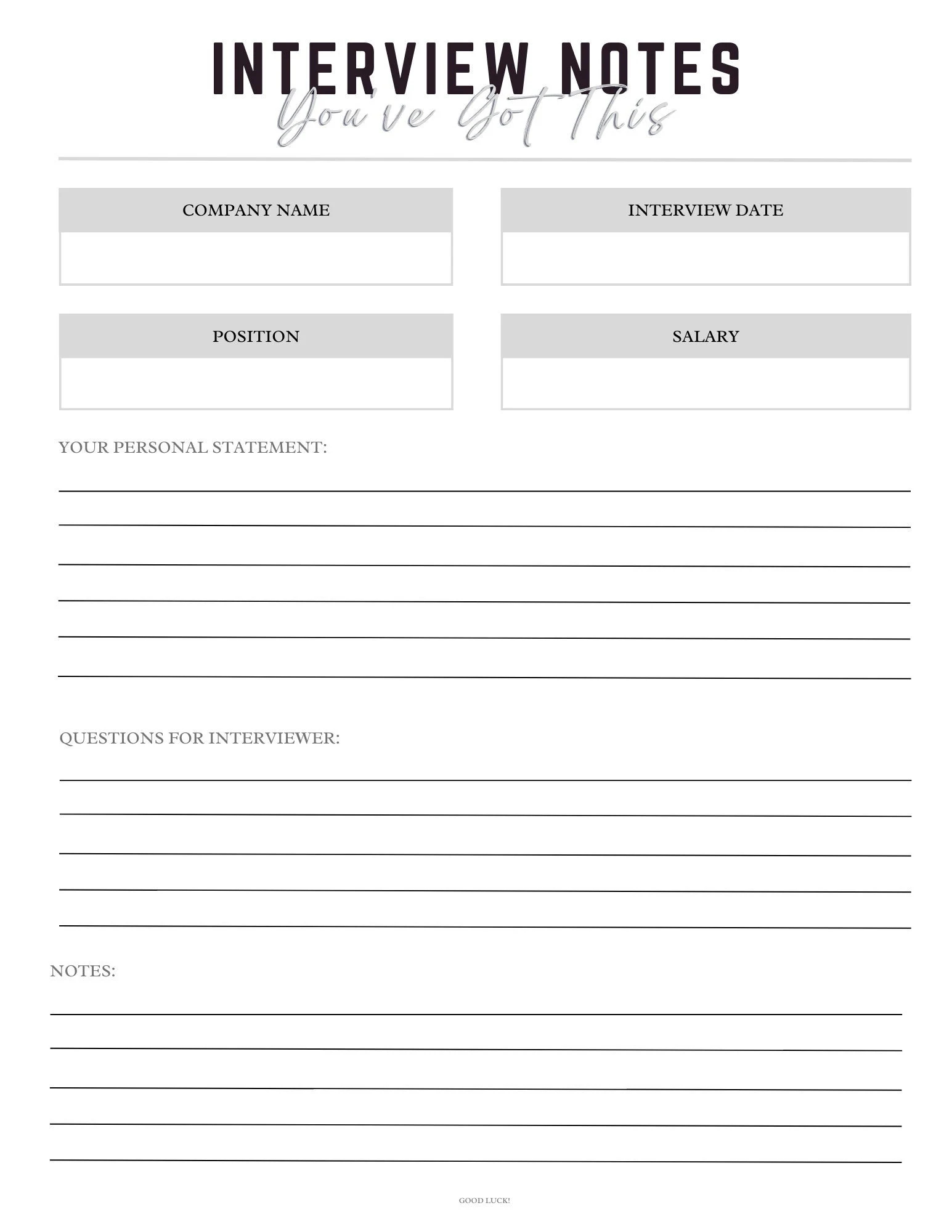 Printable Interview Notes Etsy