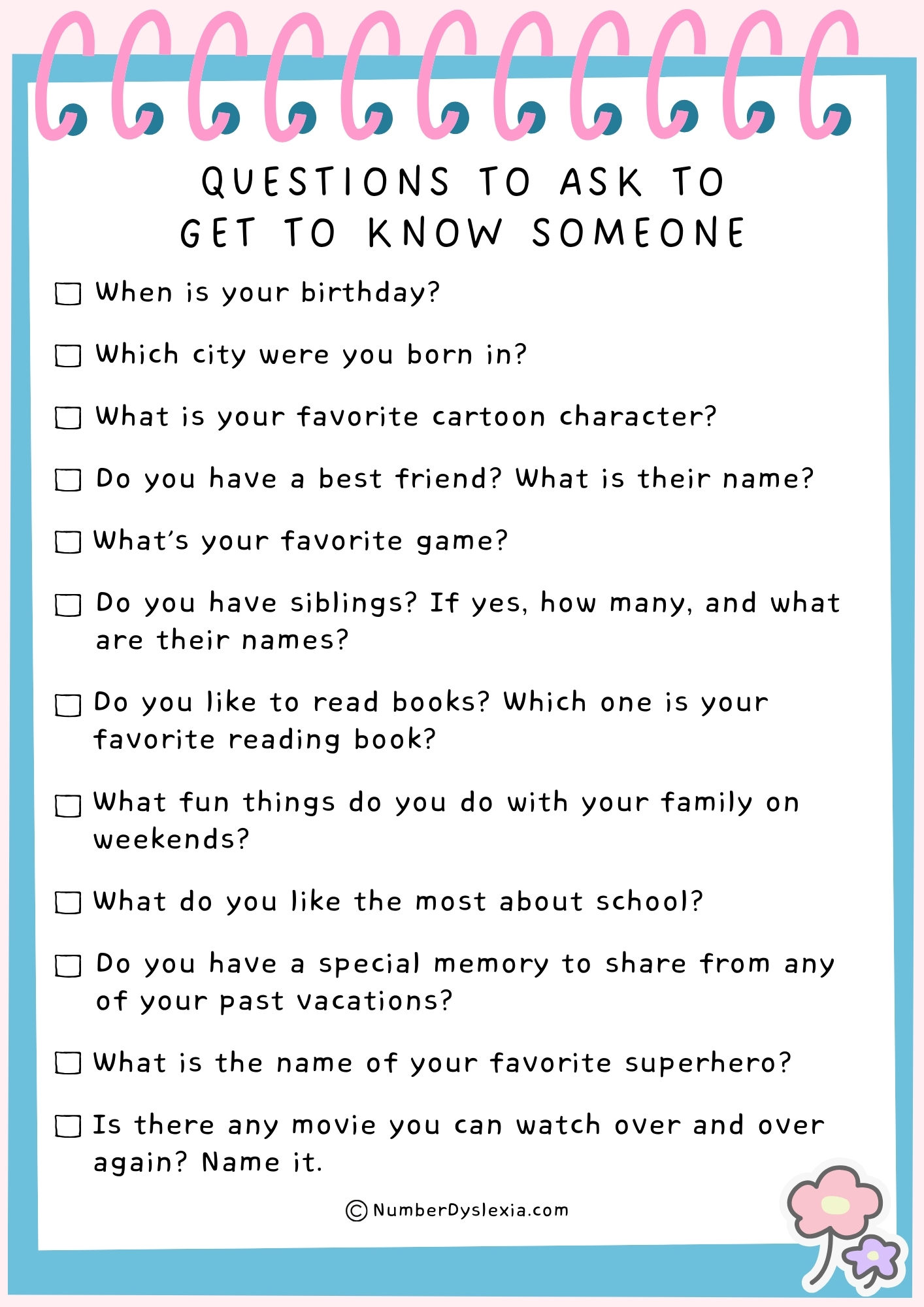 Printable List Of Questions To Ask To Get To Know Someone Number Dyslexia