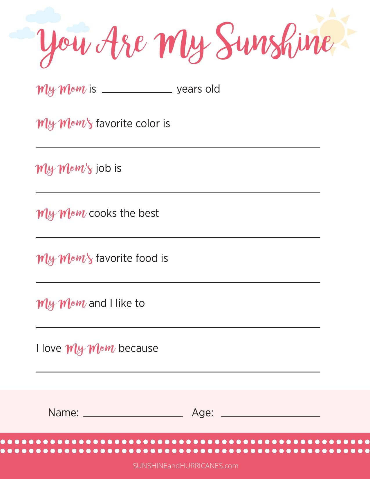 Mother's Questionnaire Printable
