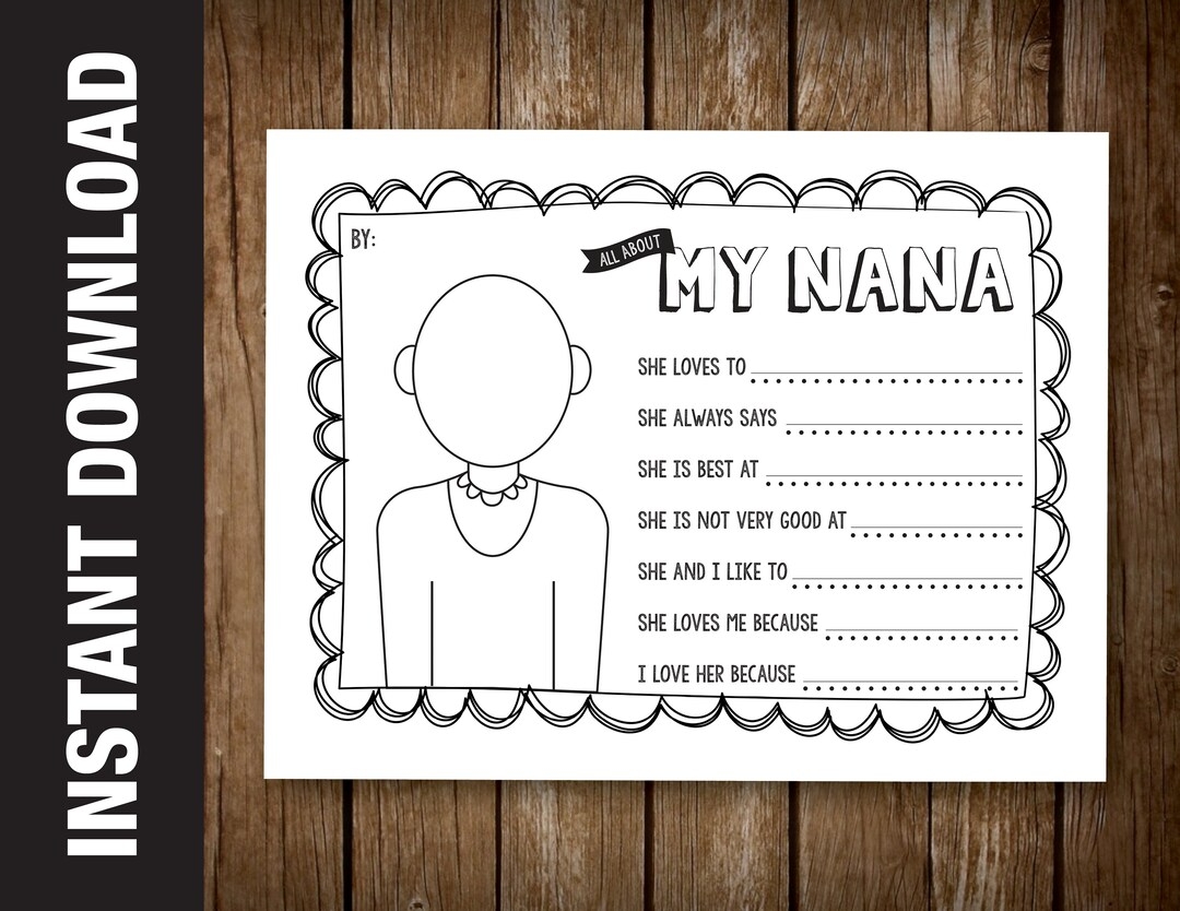 PRINTABLE Nana Portrait Coloring Sheet And Questionnaire Gift Card all About My Nana Nana Birthday Printable Birthday Gift Etsy