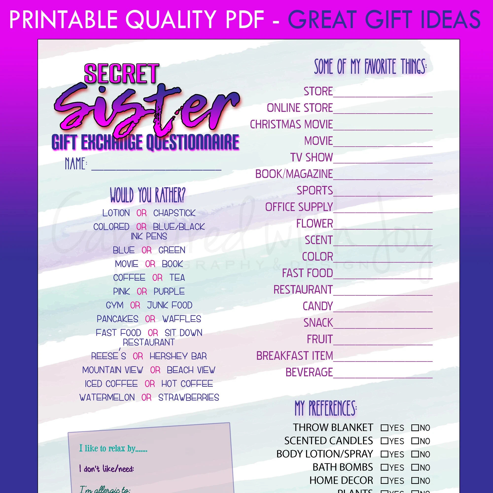 Printable PDF Secret SISTER Gift Exchange Questionnaire work Or Personal 1 Etsy