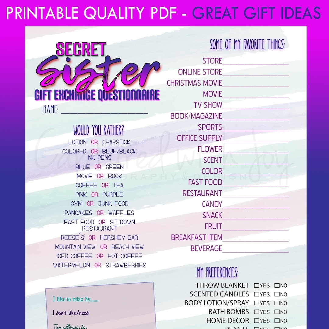 Printable PDF Secret SISTER Gift Exchange Questionnaire work Or Personal 1 Etsy