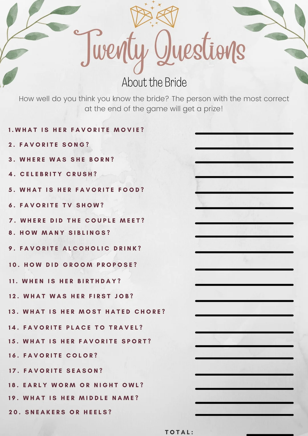Printable PDF Twenty Questions For The Bride Etsy