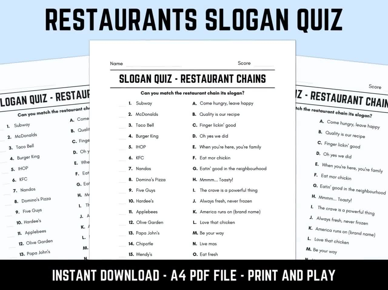 Printable Restaurant Chains Slogan Match Up Quiz Downloadable Pub Quiz Trivia Sheets Etsy