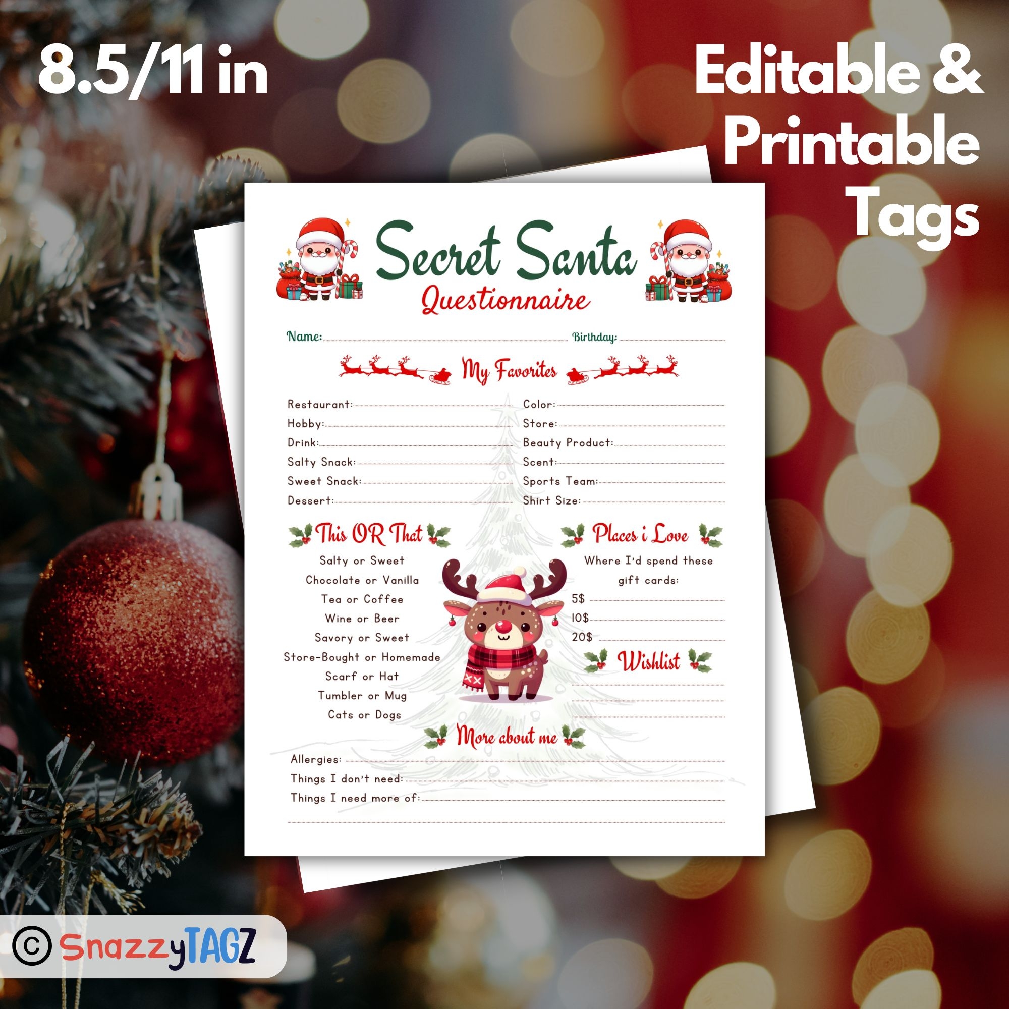 Printable Secret Santa Gift Exchange Questionnaire For Christmas And Holiday Santa Fun Editable Made By Teachers