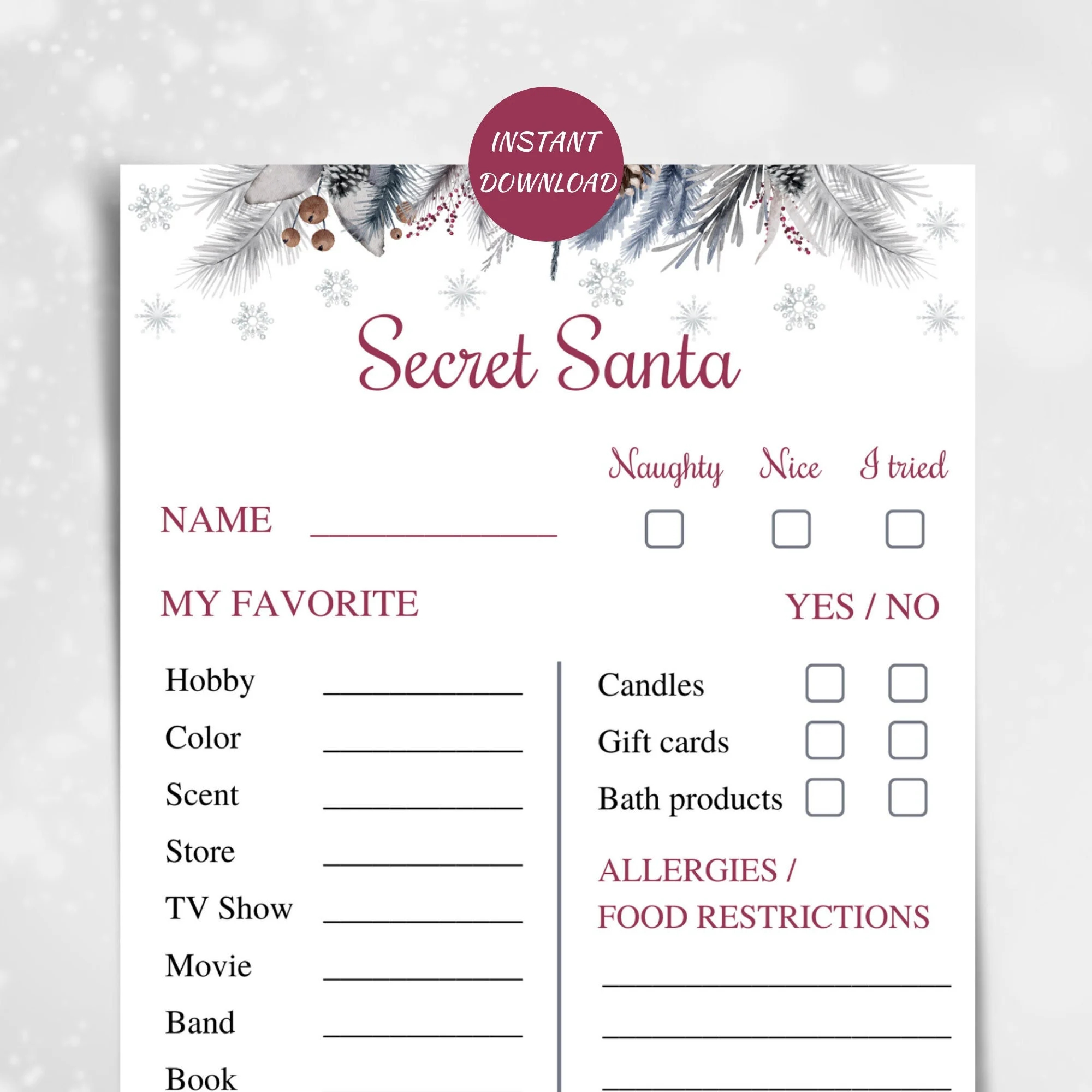 Printable Secret Santa Questionnaire Christmas Gift Exchange Info Cards DOWNLOAD Etsy
