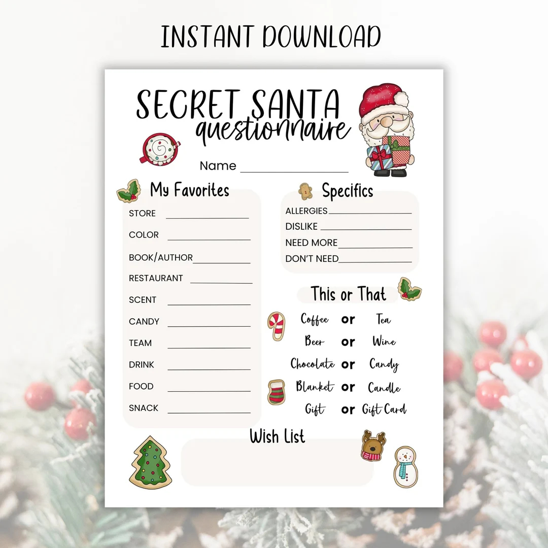 Printable Secret Santa Questionnaire Christmas Holiday Gift Exchange Questions Form For Work Office Coworkers Neighbors Friends PDF Etsy