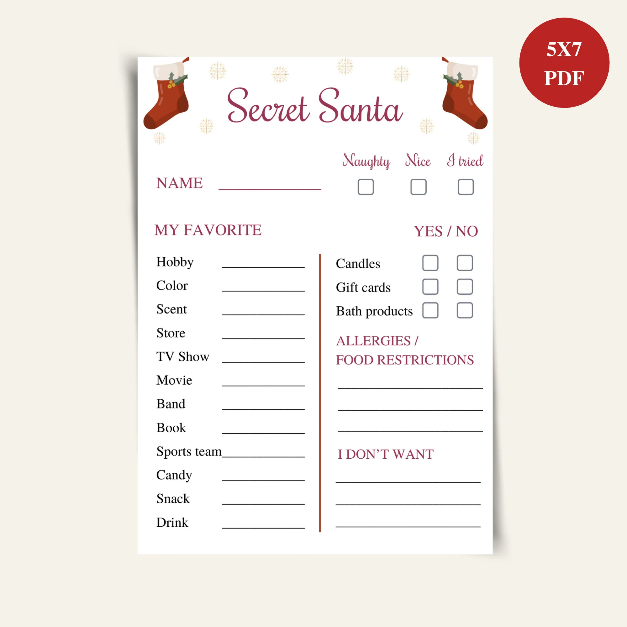 Printable Secret Santa Questionnaire Gift Exchange Info Cards DOWNLOAD Etsy
