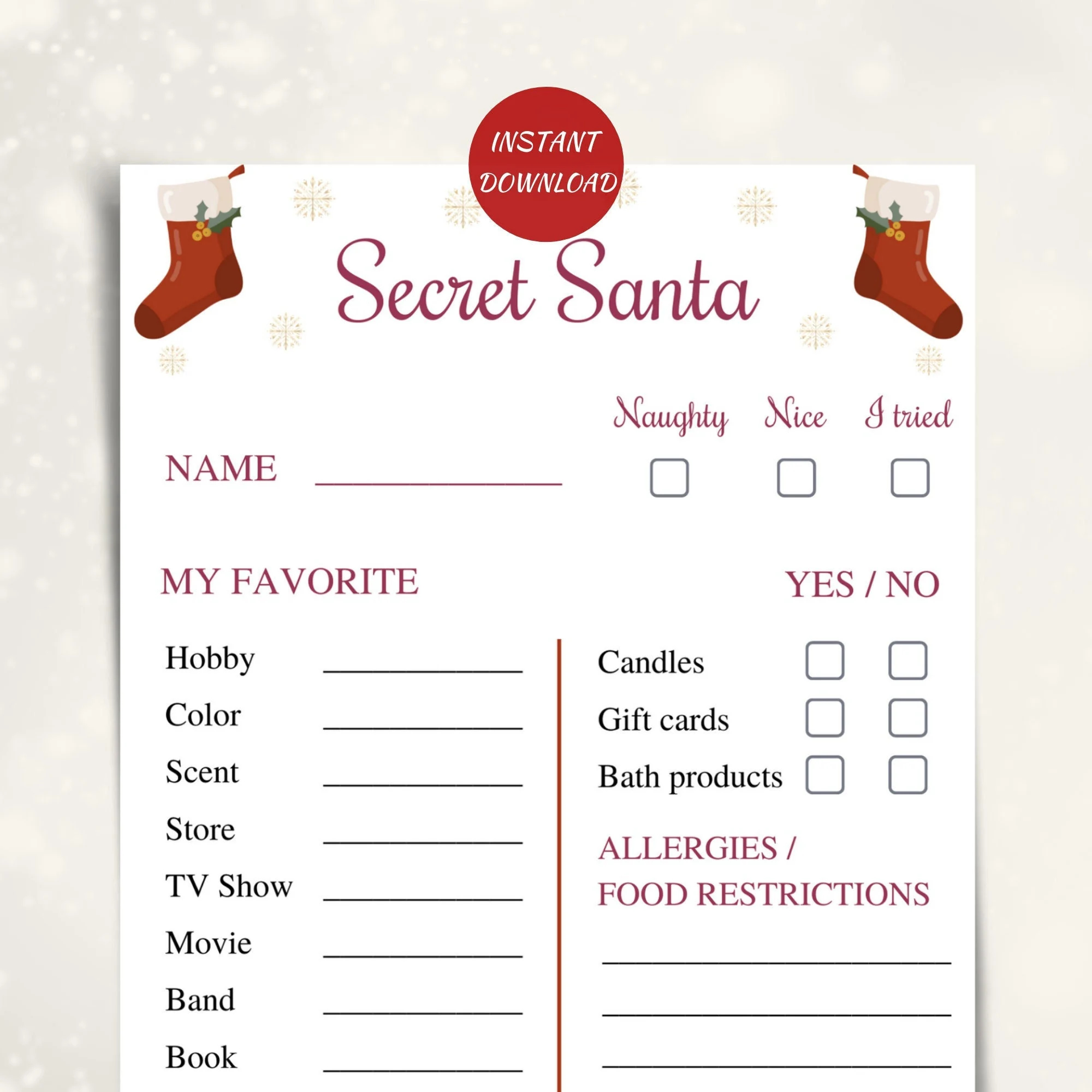 Printable Secret Santa Questionnaire Gift Exchange Info Cards DOWNLOAD Etsy